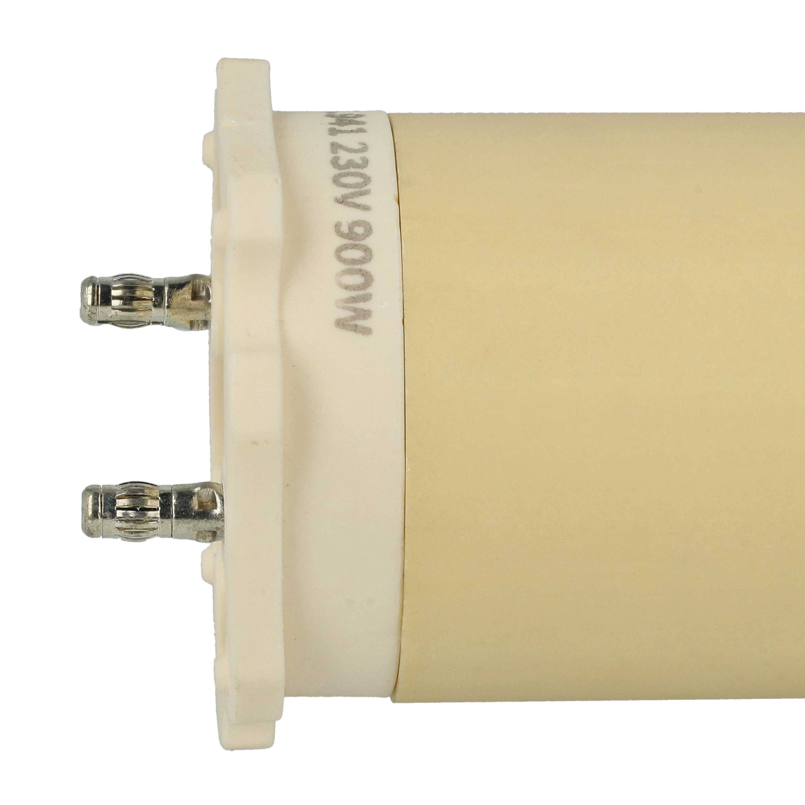 Nahaufnahme eines beigen keramischen Elektrowiderstands mit Metallanschlüssen an einem Ende, die den Produktcode und die Spezifikationen zeigt.