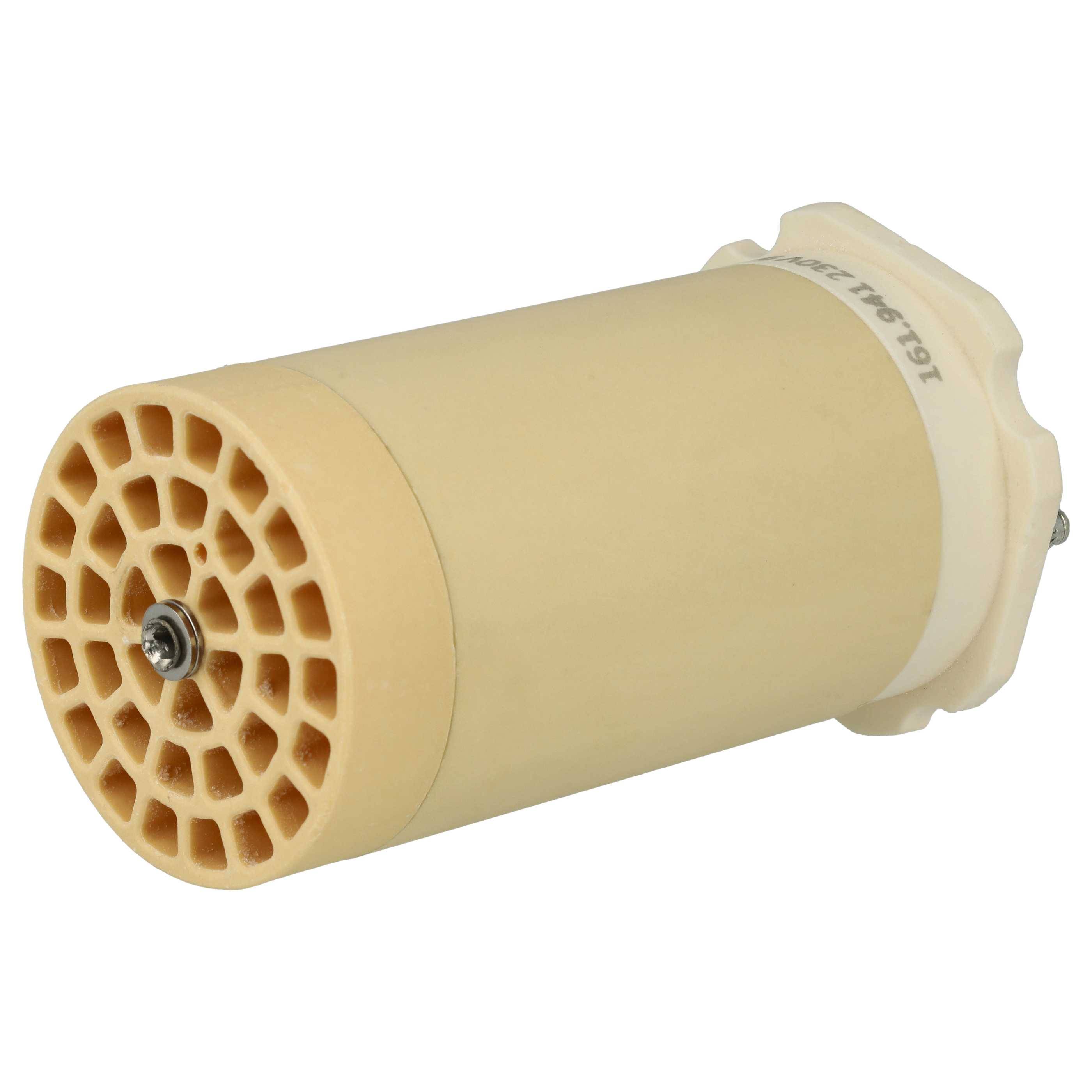 Eine zylindrische beige Komponente mit einem gitterartigen Muster an einem Ende und einem Bolzen in der Mitte, vor einem weißen Hintergrund.