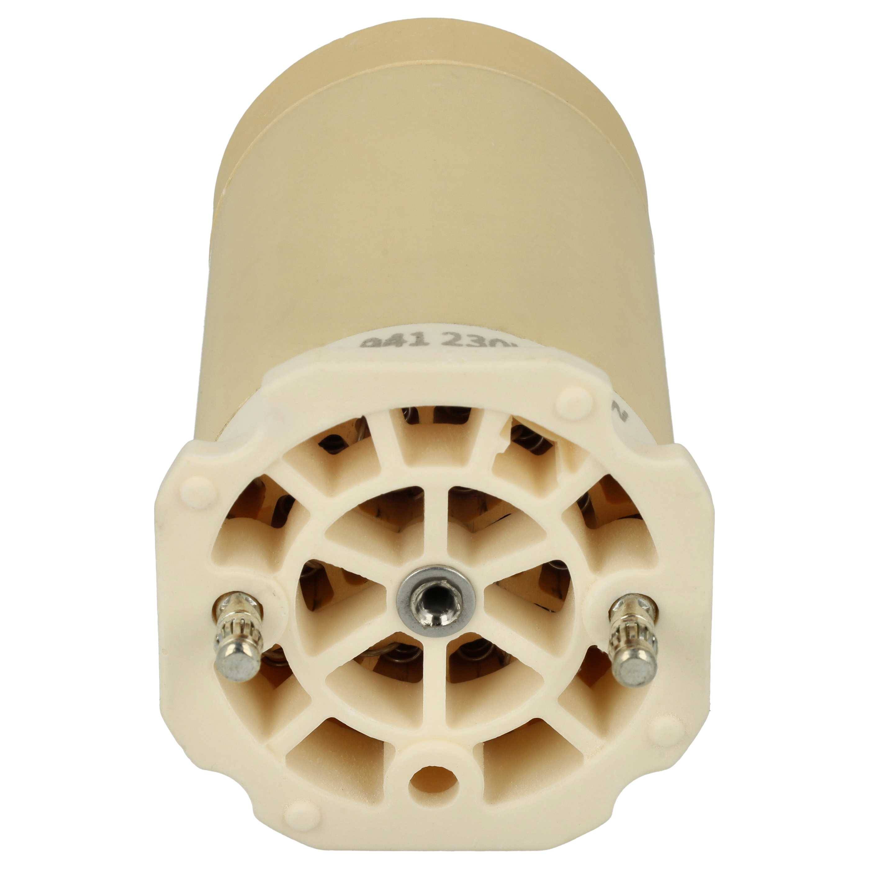 Eine beige zylindrische Motoreinheit mit einem kreisförmigen Gitter und zwei Metallanschlüssen an der Basis, möglicherweise eine elektrische Komponente für ein bestimmtes Gerät.