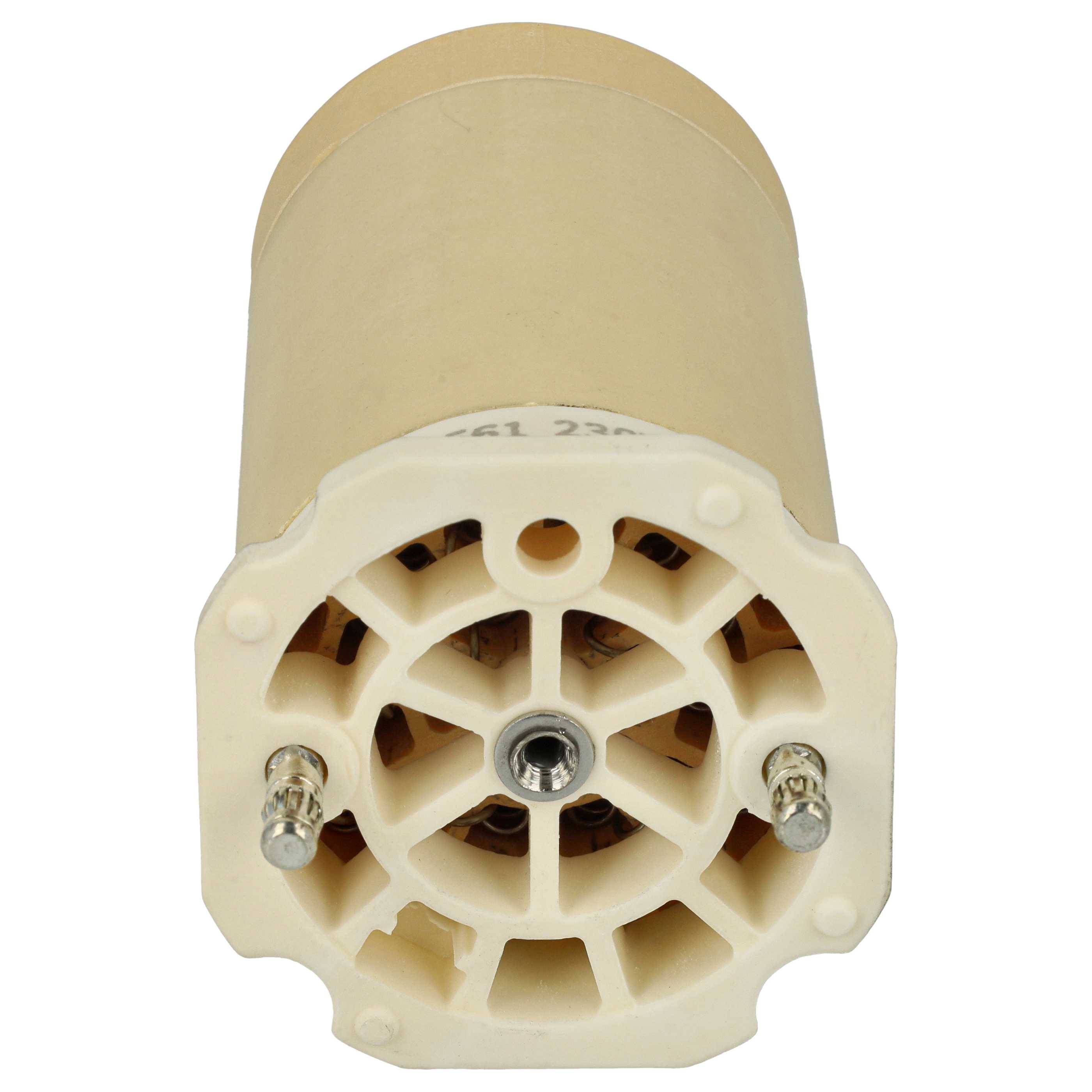 Ein zylindrischer beiger Motor mit einem runden belüfteten Ende, das eine zentrale Metallwelle und zwei elektrische Anschlüsse zur Verbindung zeigt.