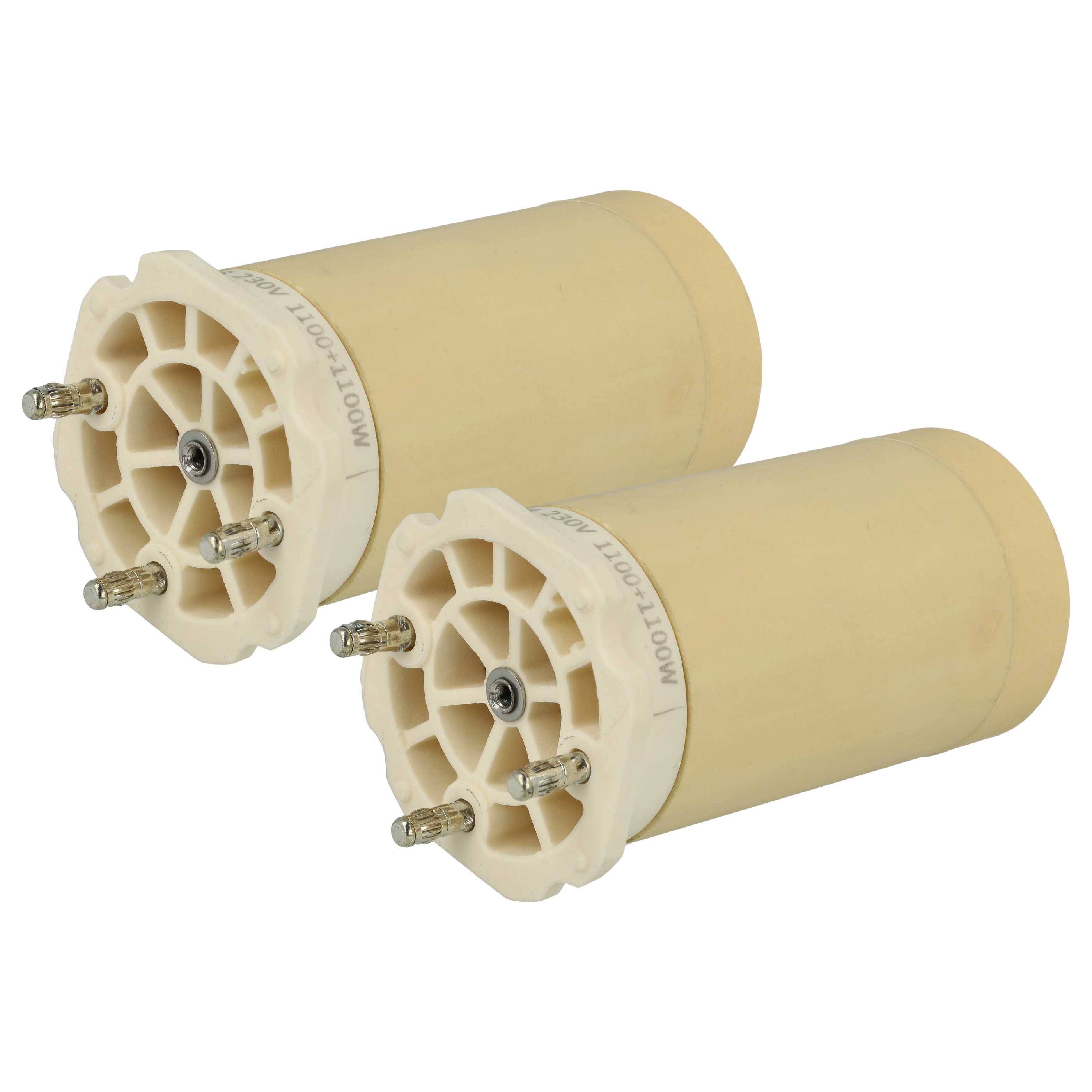 Zwei beige Wasserfilterpatronen mit mehreren Stiften an einem Ende, nebeneinander platziert, für Filtersysteme in industriellen Umgebungen entwickelt.