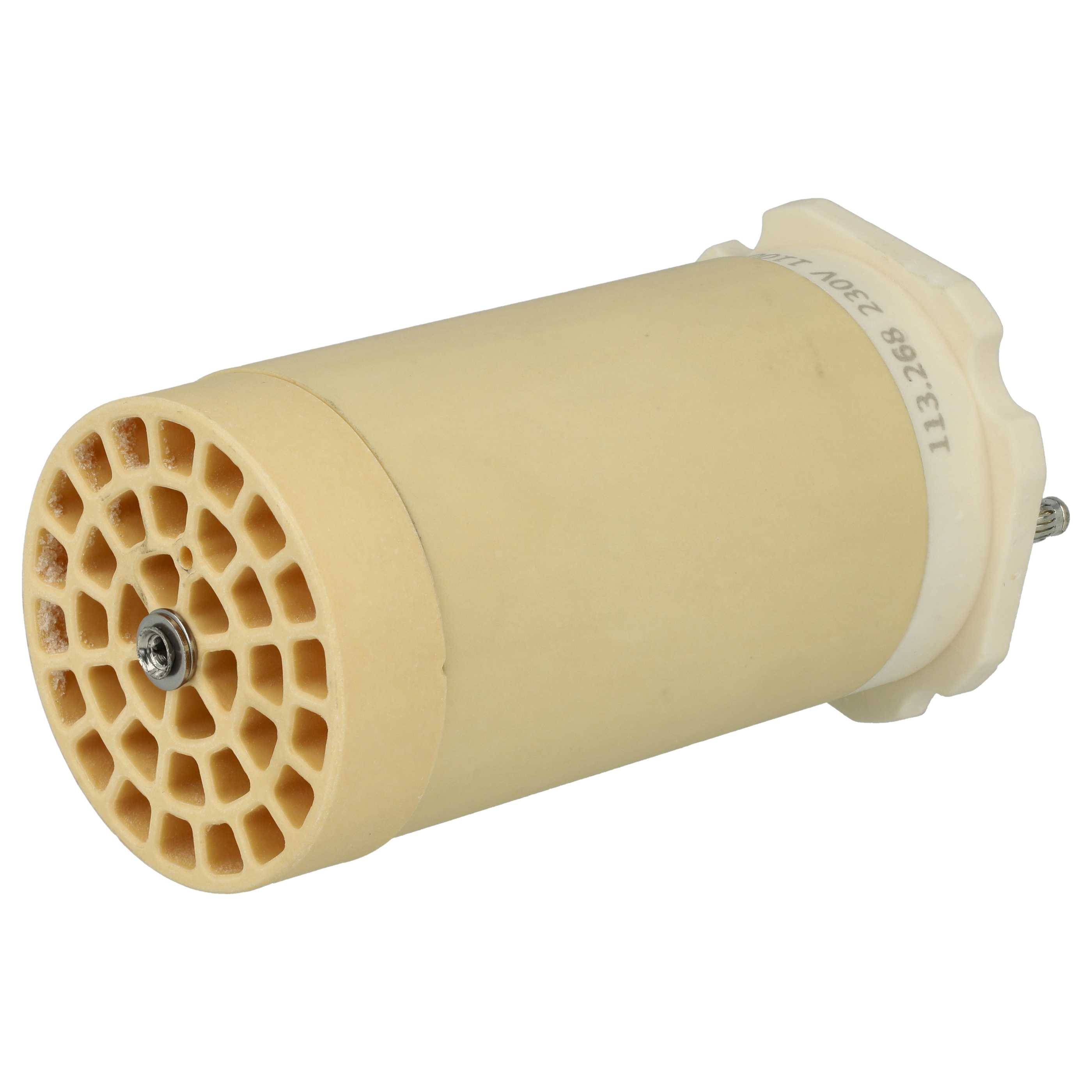 Eine beige Keramik-Sicherung mit Wabenstruktur ist zu sehen. Sie hat metallische Anschlüsse an jedem Ende, einer davon mit einer Schraubenbefestigung.