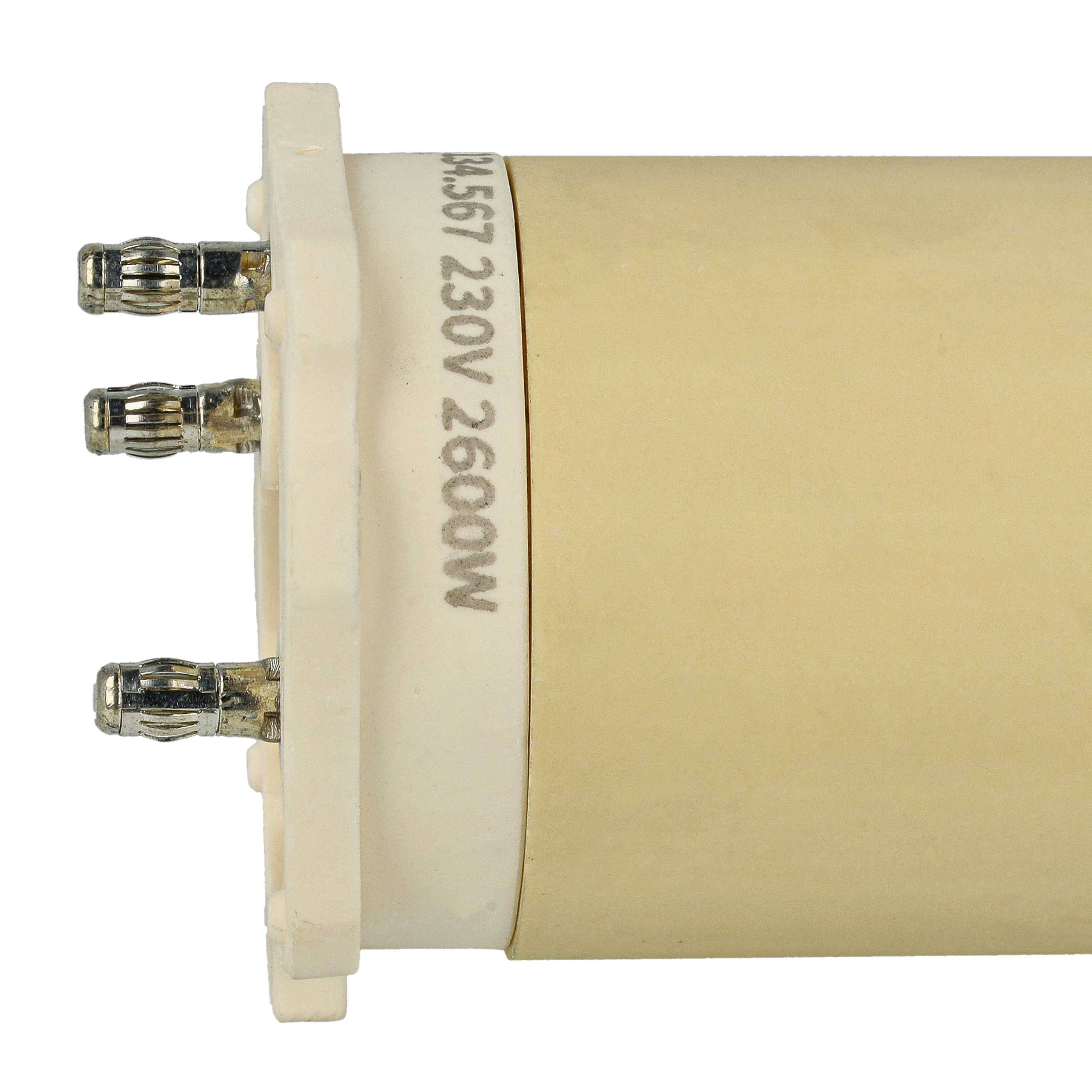 Eine zylindrische elektrische Komponente, die mit '230V-2600W' gekennzeichnet ist, mit mehreren Anschlussklemmen an einem Ende, die typischerweise in Heizanwendungen verwendet wird.