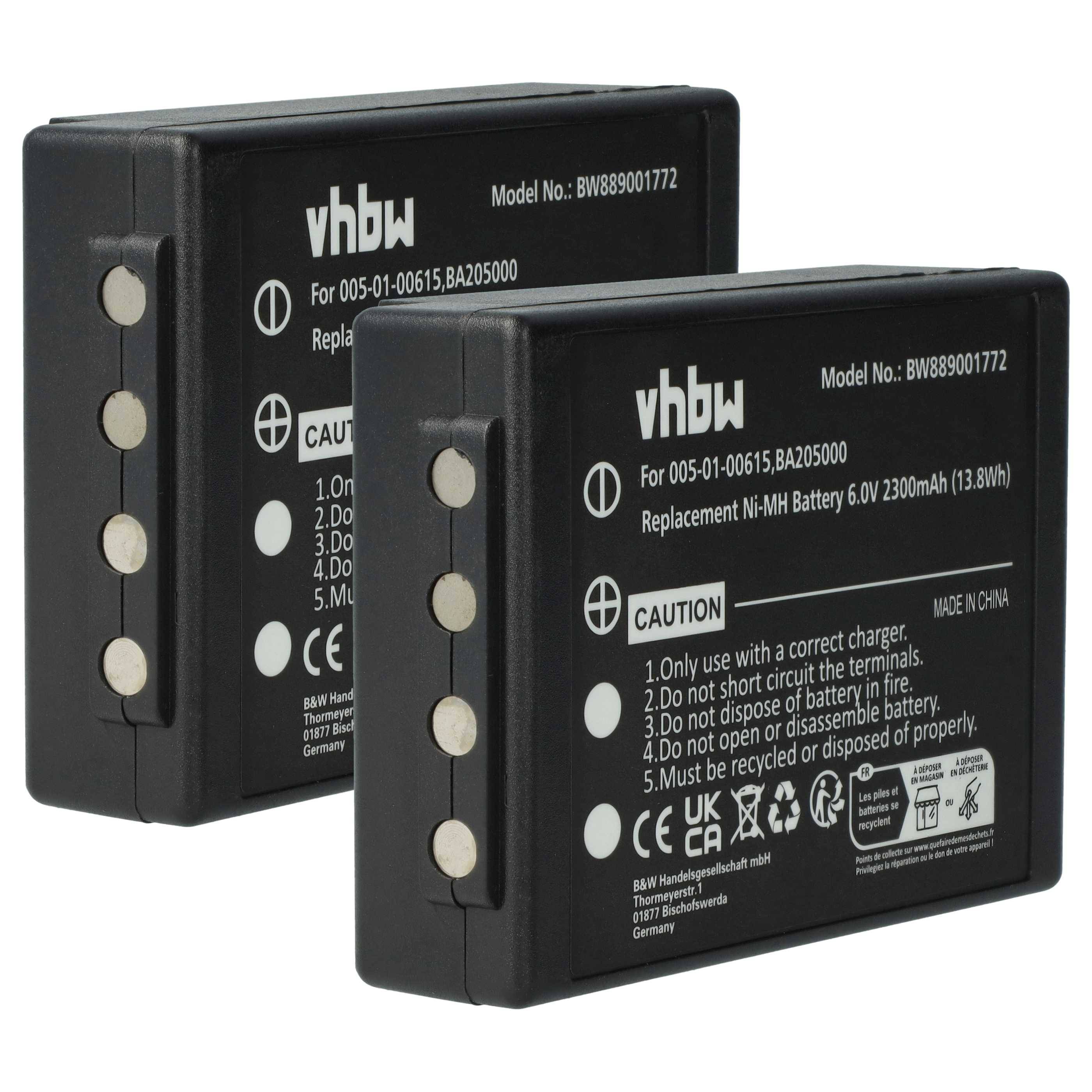 Zwei schwarze rechteckige Akkupacks mit 'vhbw' Markenlogo und Warnhinweisen. Jeder Akku ist ein 6,0V 2300mAh Ni-MH Ersatzakku.