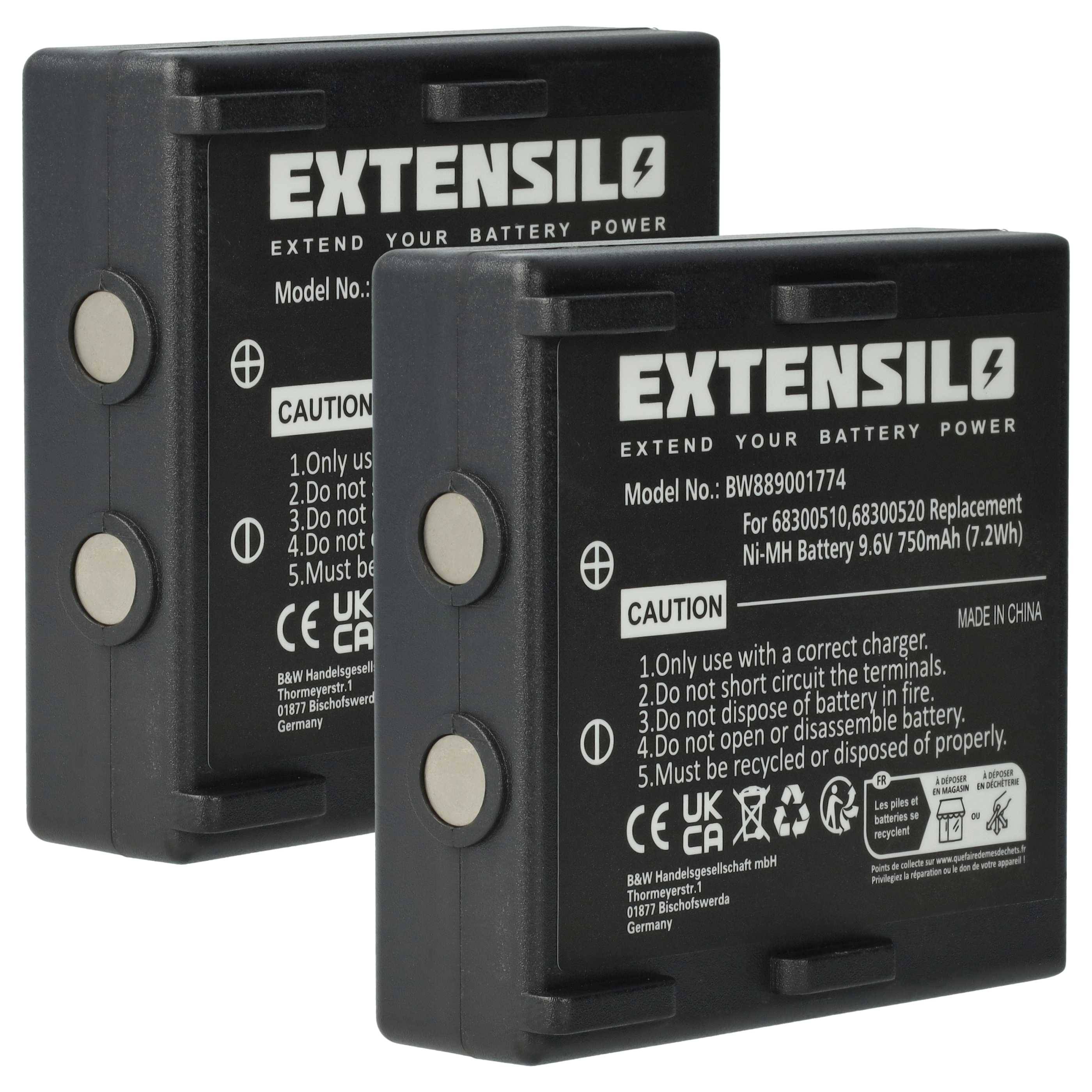 Zwei schwarze wiederaufladbare Akkupacks mit der Bezeichnung 'EXTENSILO', versehen mit Sicherheitshinweisen und Modelldetails, werden gezeigt.