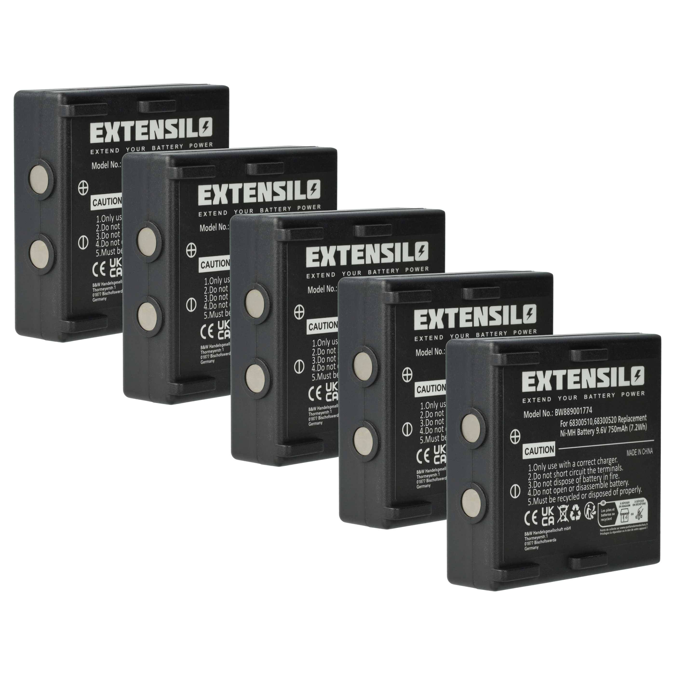 Fünf schwarze Extensil-Batterien sind in einer Reihe angeordnet, wobei jede Batterie mit Sicherheits- und Nutzungsetiketten versehen ist und für elektronische Geräte geeignet ist.