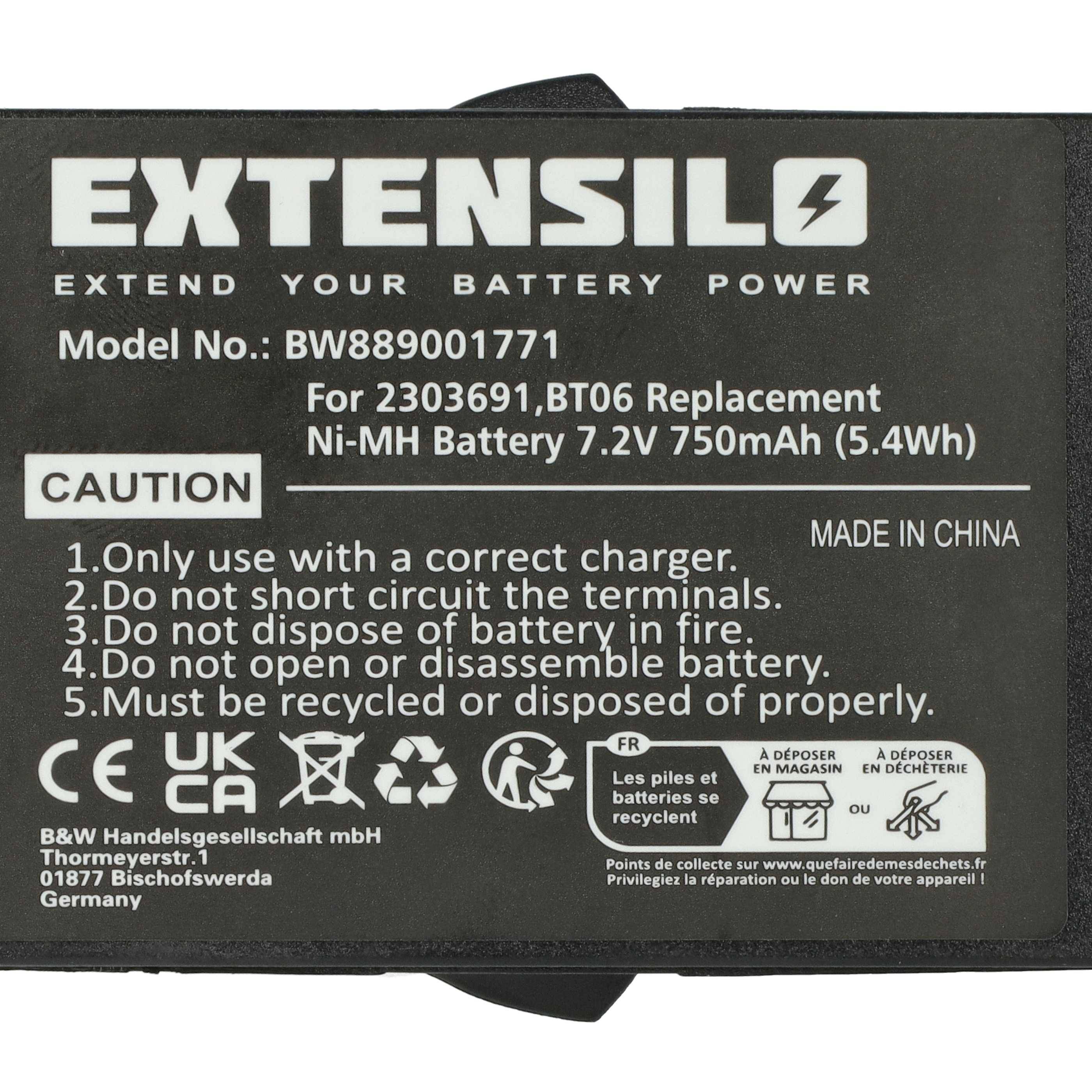 Etikett für Batterie mit Angabe von 7,2V 750mAh Ni-MH Batterie, Modell BW889001771, hergestellt für spezifische Ersatzanwendungen. Enthält Nutzungshinweise zur Vorsicht.