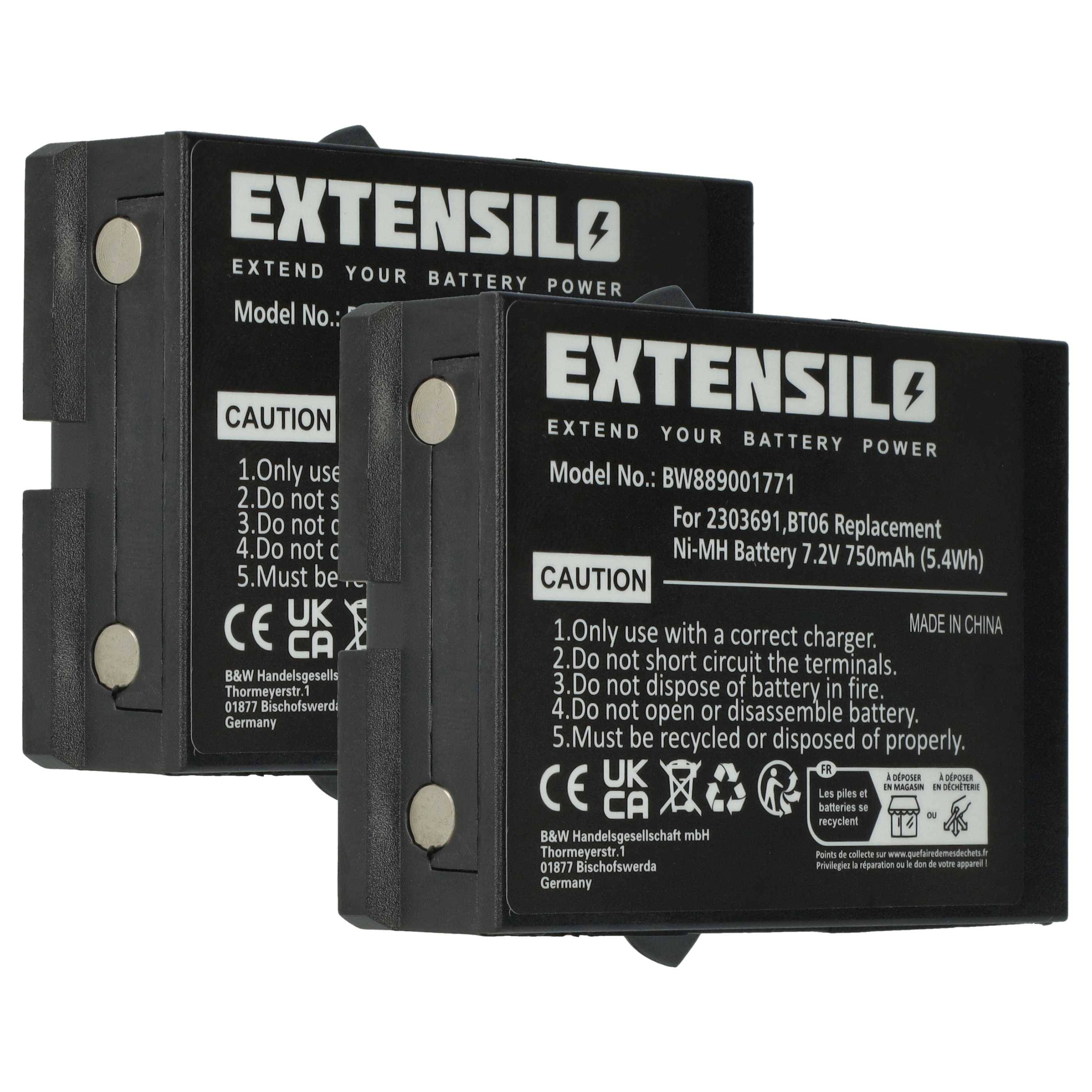 EXTENSILO 2x Akku Ersatz für Ikusi BT06, 2303691 für Industrie-Funkfernsteuerung Fernbedienung (750 mAh, 7,2 V, NiMH) - Schwarz