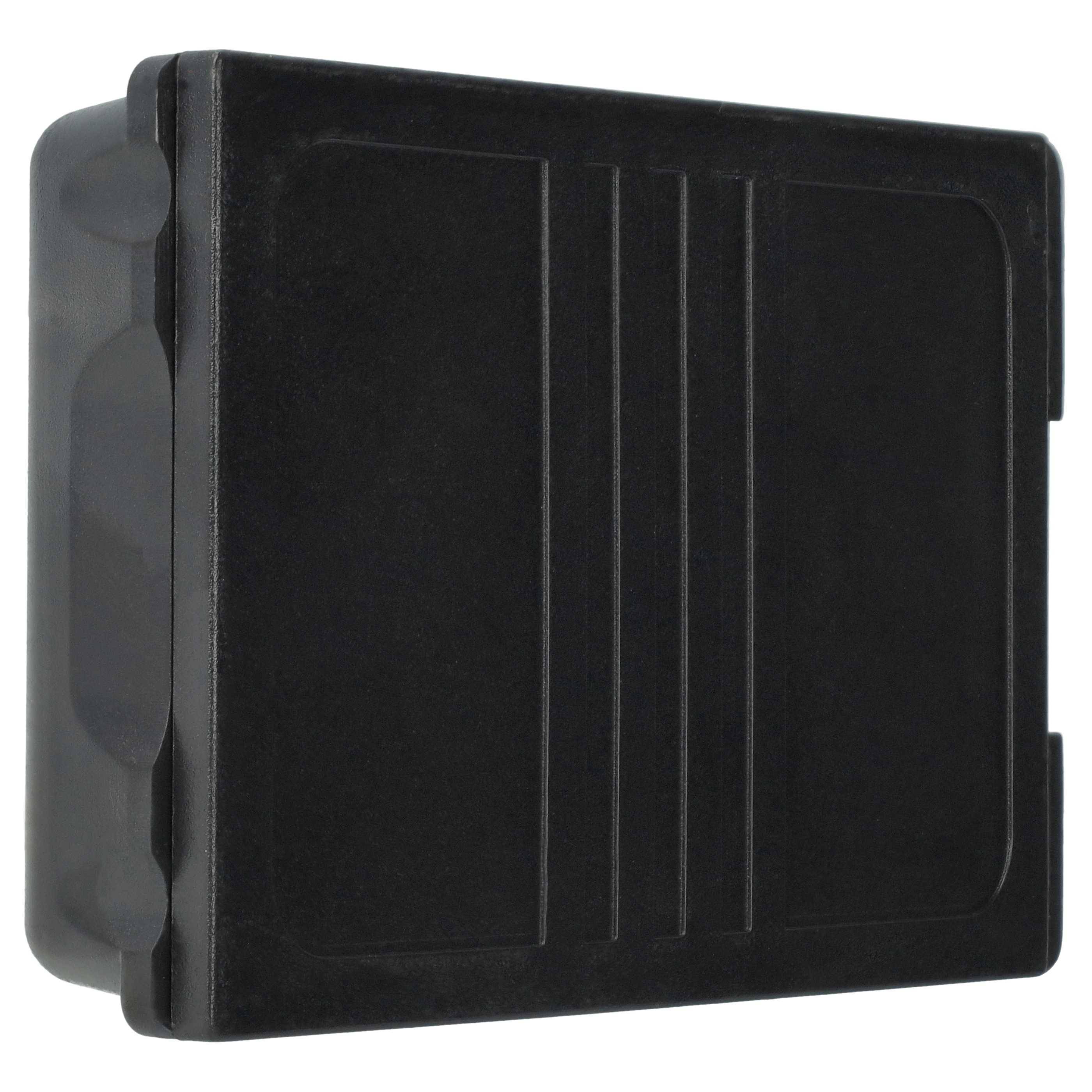 Eine schwarze Kunststoff-Aufbewahrungsbox mit Deckel mit Scharnier und gerippter Oberflächenstruktur, die typischerweise für Lagerungs- oder Organisationszwecke verwendet wird.