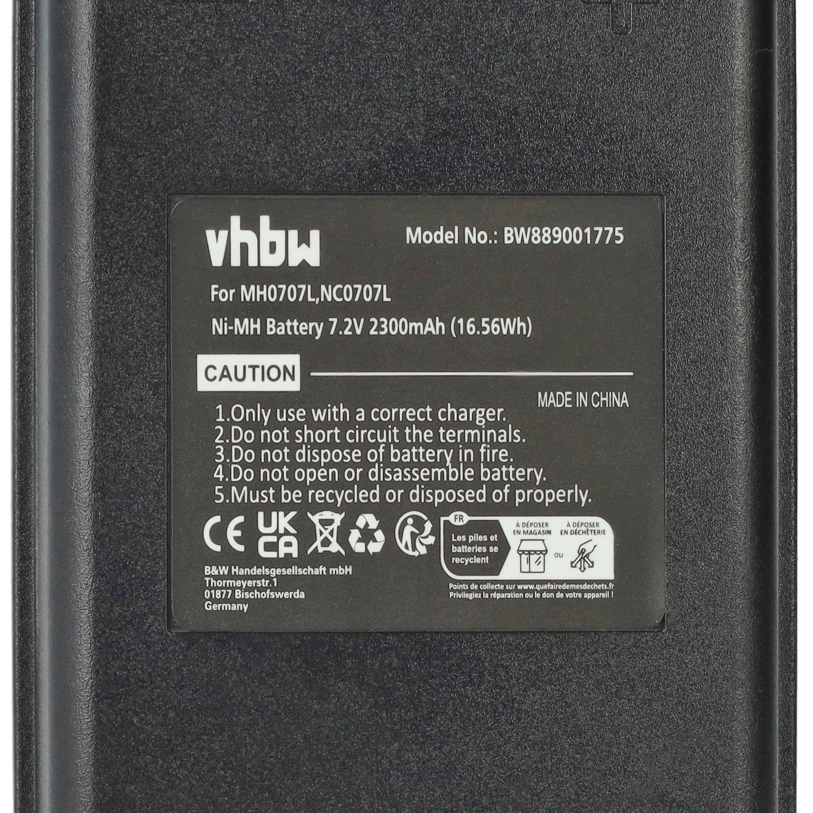 Ein schwarzes Ni-MH-Akkupack mit Etikett mit der Aufschrift '7,2V 2300 mAh (16,5 Wh)', Warnhinweisen und Modell 'MH0707L, NC0707L', hergestellt in China.