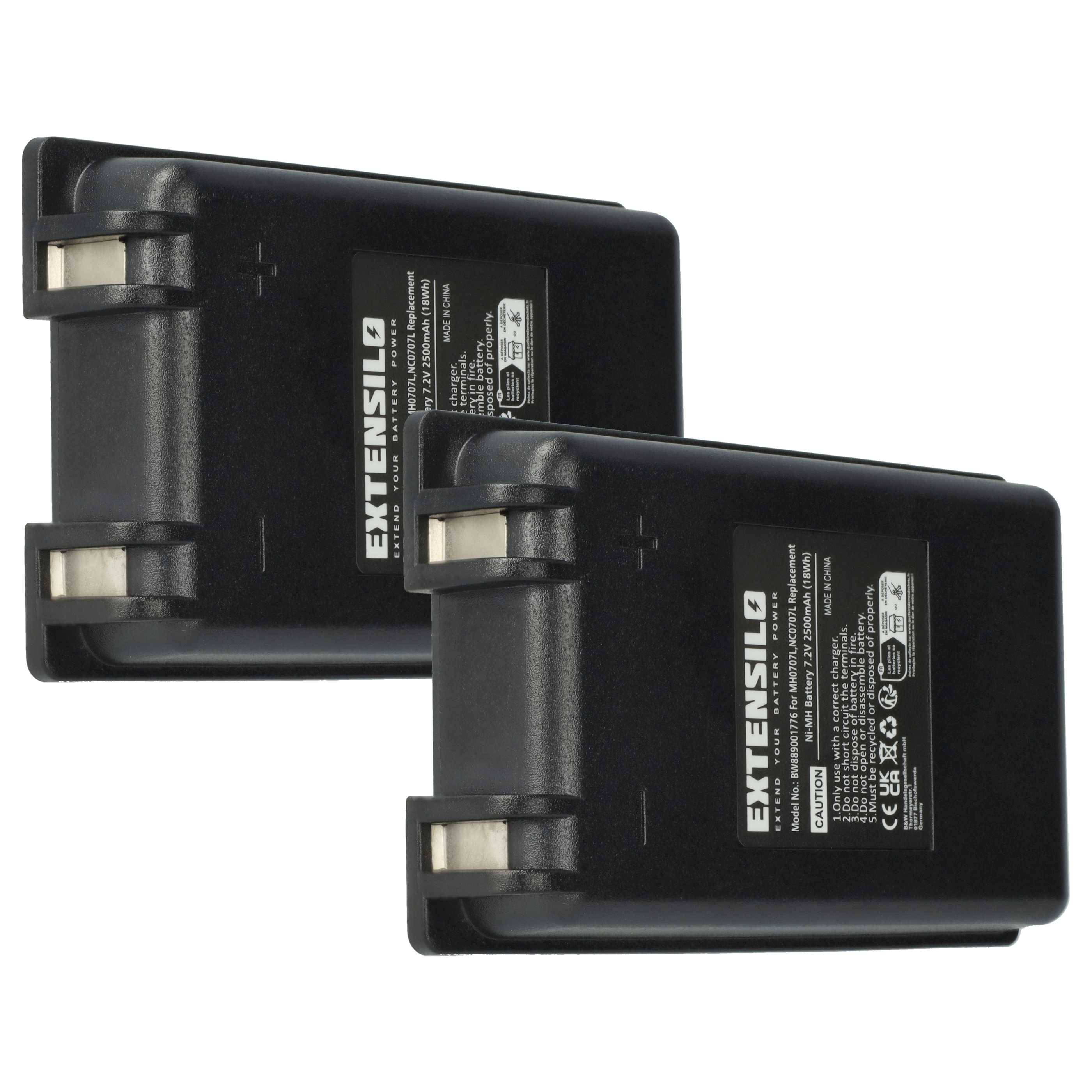 Zwei schwarze Extensilo Akkus mit nach vorne gerichteten Etiketten, die Spannungs-, Kapazitäts- und Kompatibilitätsdetails zeigen.
