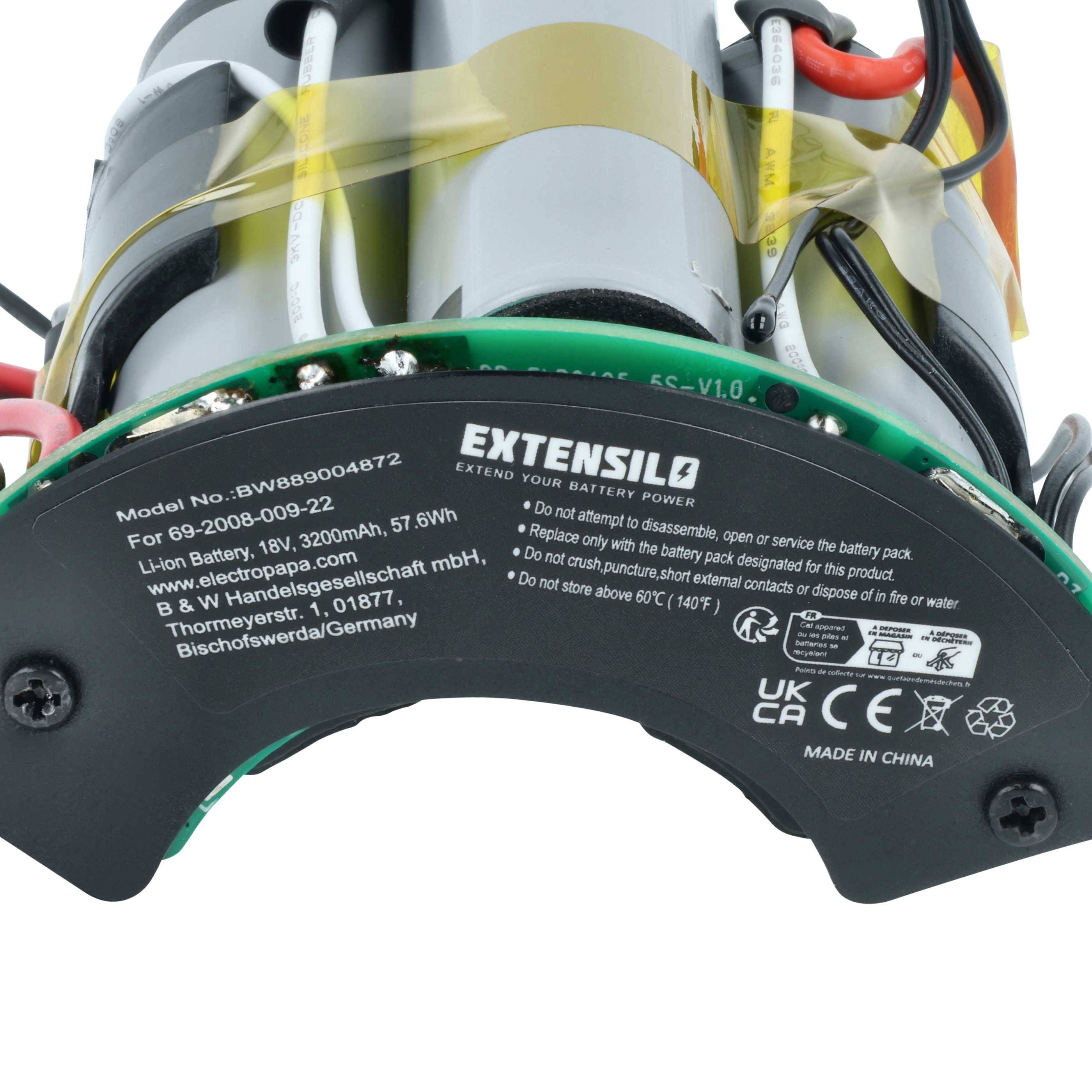 Akku mit Modellnummer BWB88004872, Spannung, Kapazität und Sicherheitssymbolen. Er wird von Extendion hergestellt und in China produziert.