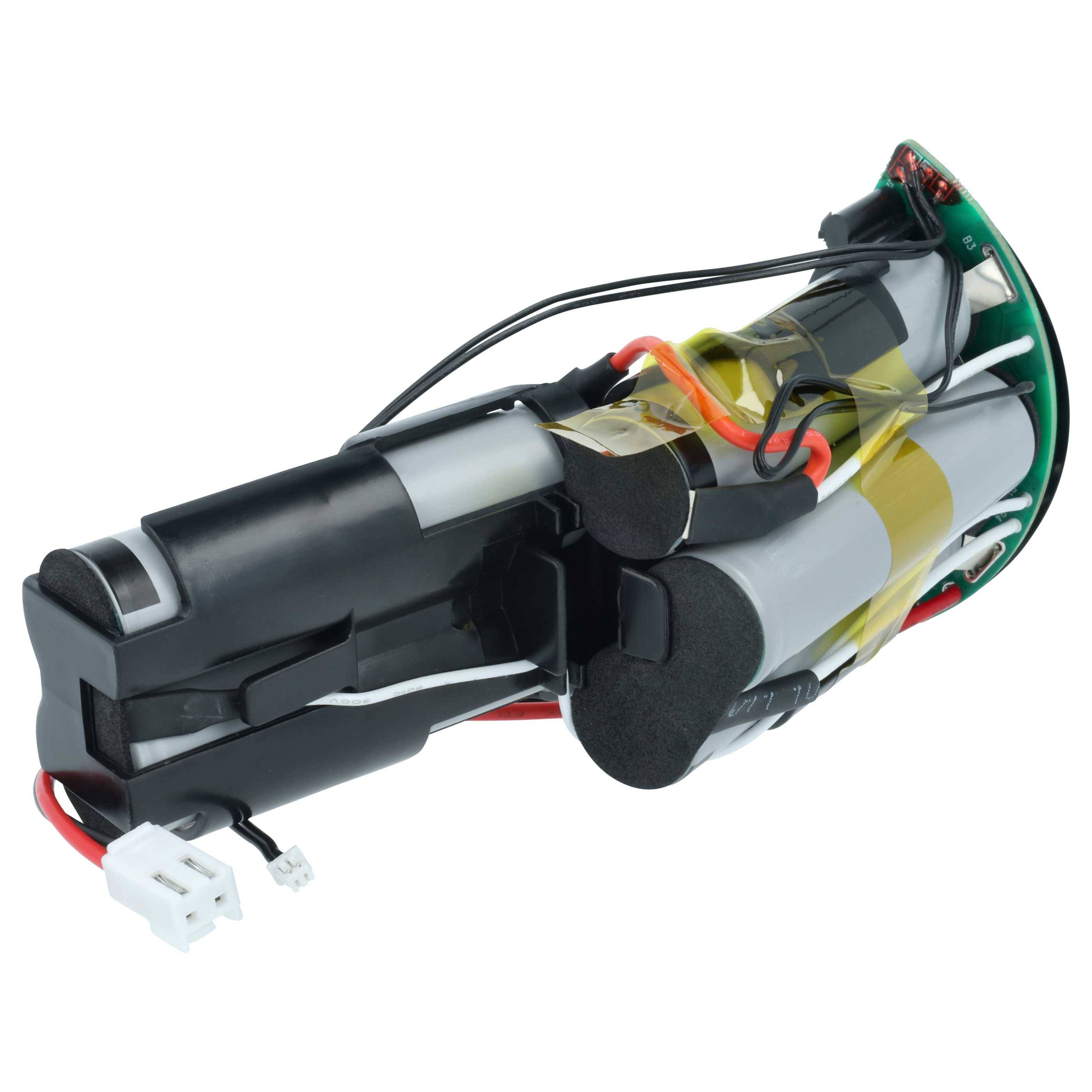 Ein zylindrischer Akkupack mit Kabeln und Anschlüssen wird gezeigt. Er besteht aus mehreren miteinander verbundenen Zellen, die in einem Schutzgehäuse eingewickelt sind.