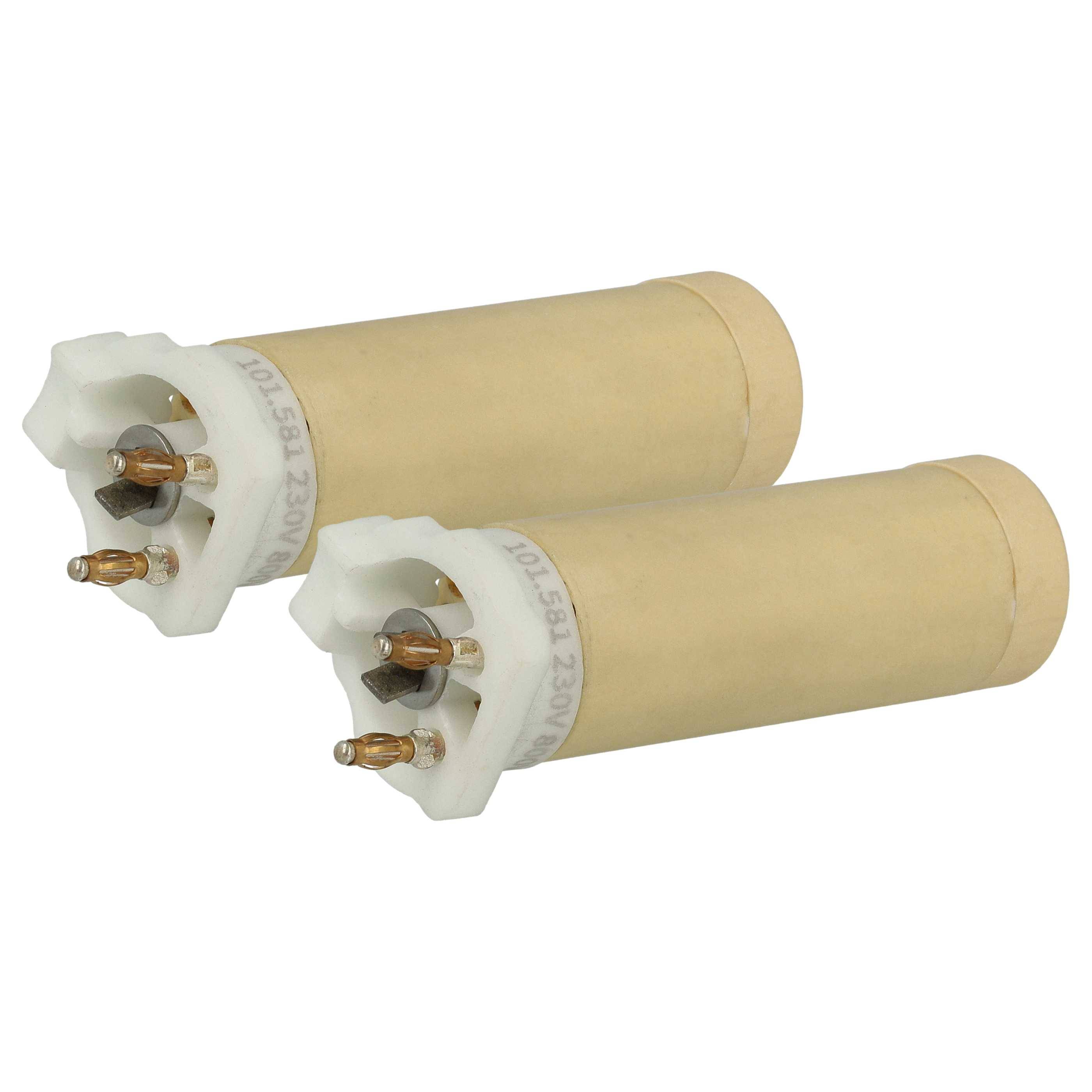 Zwei beige Zylindersicherungen mit Metallfassungen liegen nebeneinander auf einem weißen Hintergrund.