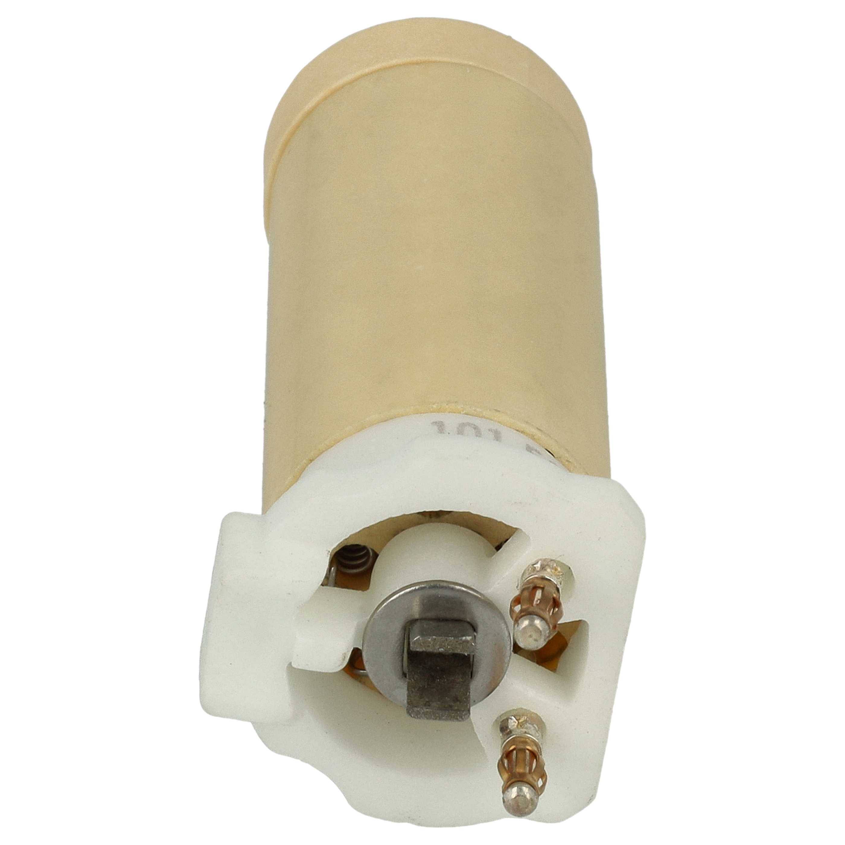 Ein zylindrischer beiger Elektromotor mit einer Metallwelle und Kupferanschlüssen an einem Ende, der für kleine mechanische Geräte oder Modelle verwendet wird.