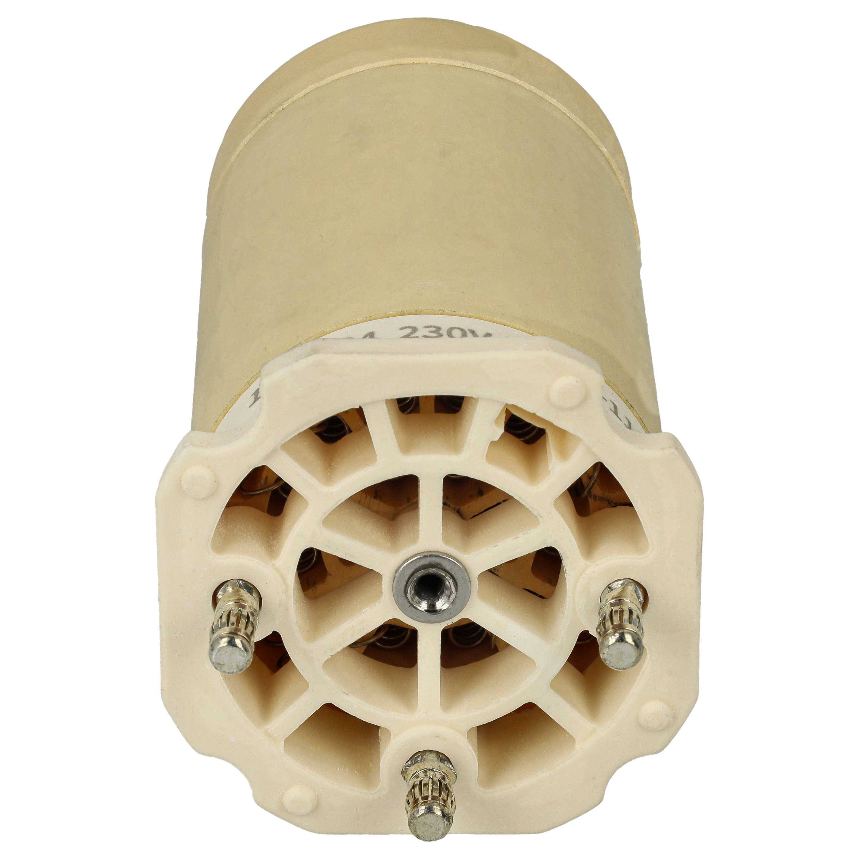 Zylindrischer beiger Elektromotor mit vier hervorstehenden Metallstiften an einem Ende für elektrische Anschlüsse.