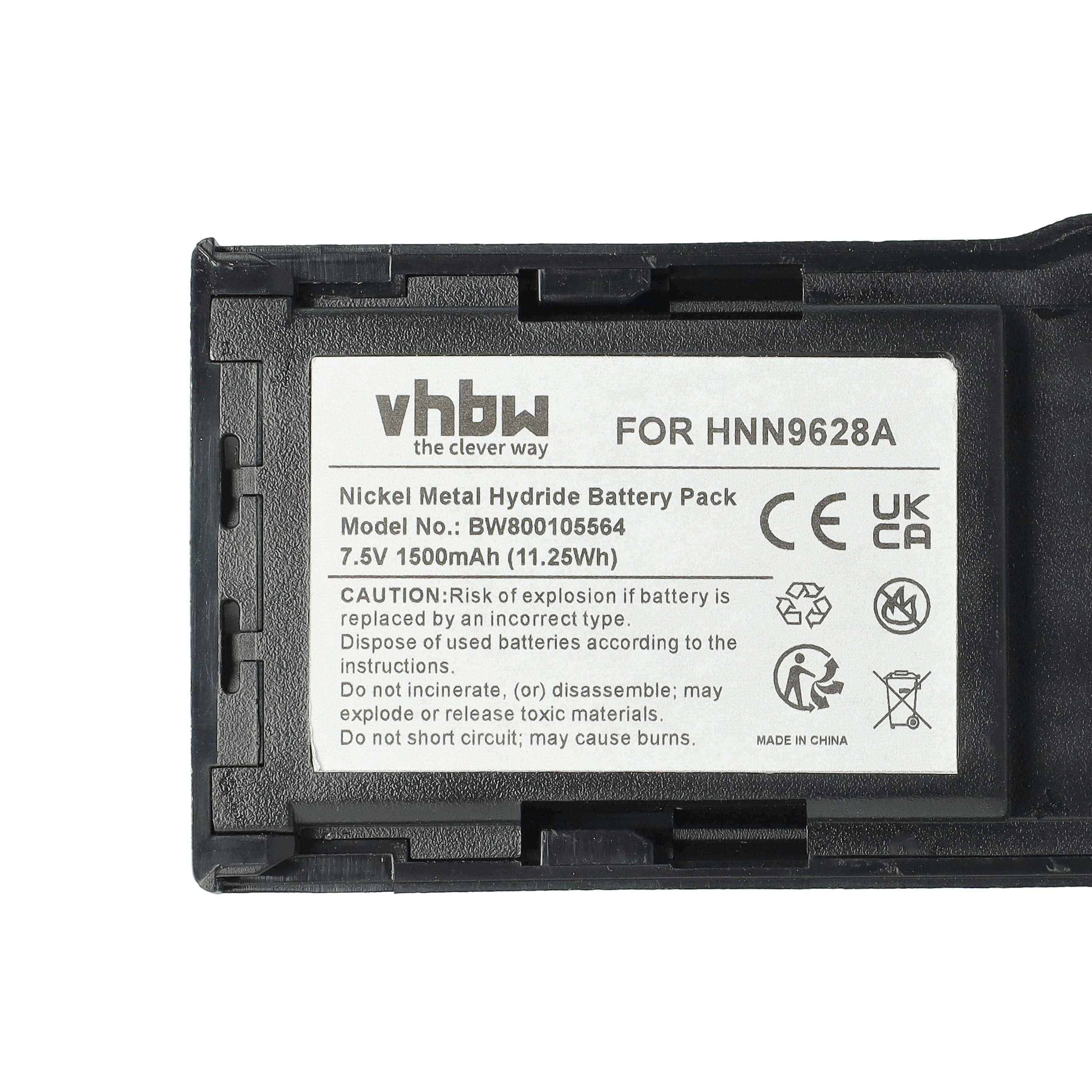 Akku-Pack mit weißem Etikett, das das 'vhbw'-Logo und Details zeigt. Modell für HNN9628A, 7,5V 1500mAh. Explosionswarnung bei unsachgemäßer Verwendung.