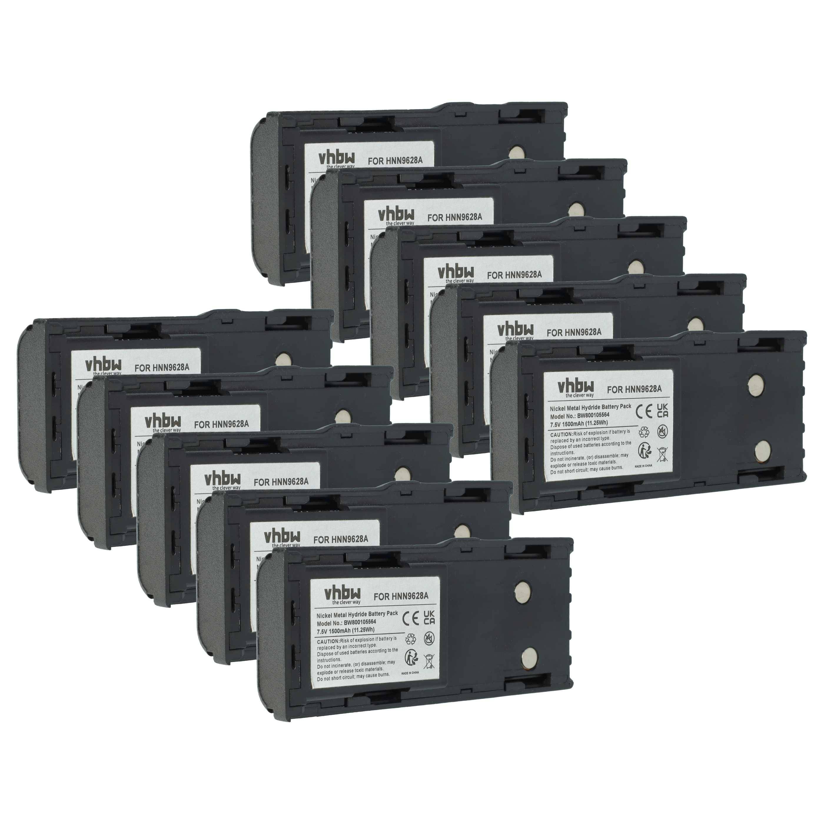 Eine Sammlung von 10 vhbw Akkupacks für Navman 32FA, ausgestattet mit Produktetiketten mit Spezifikationen und Sicherheitssymbolen.