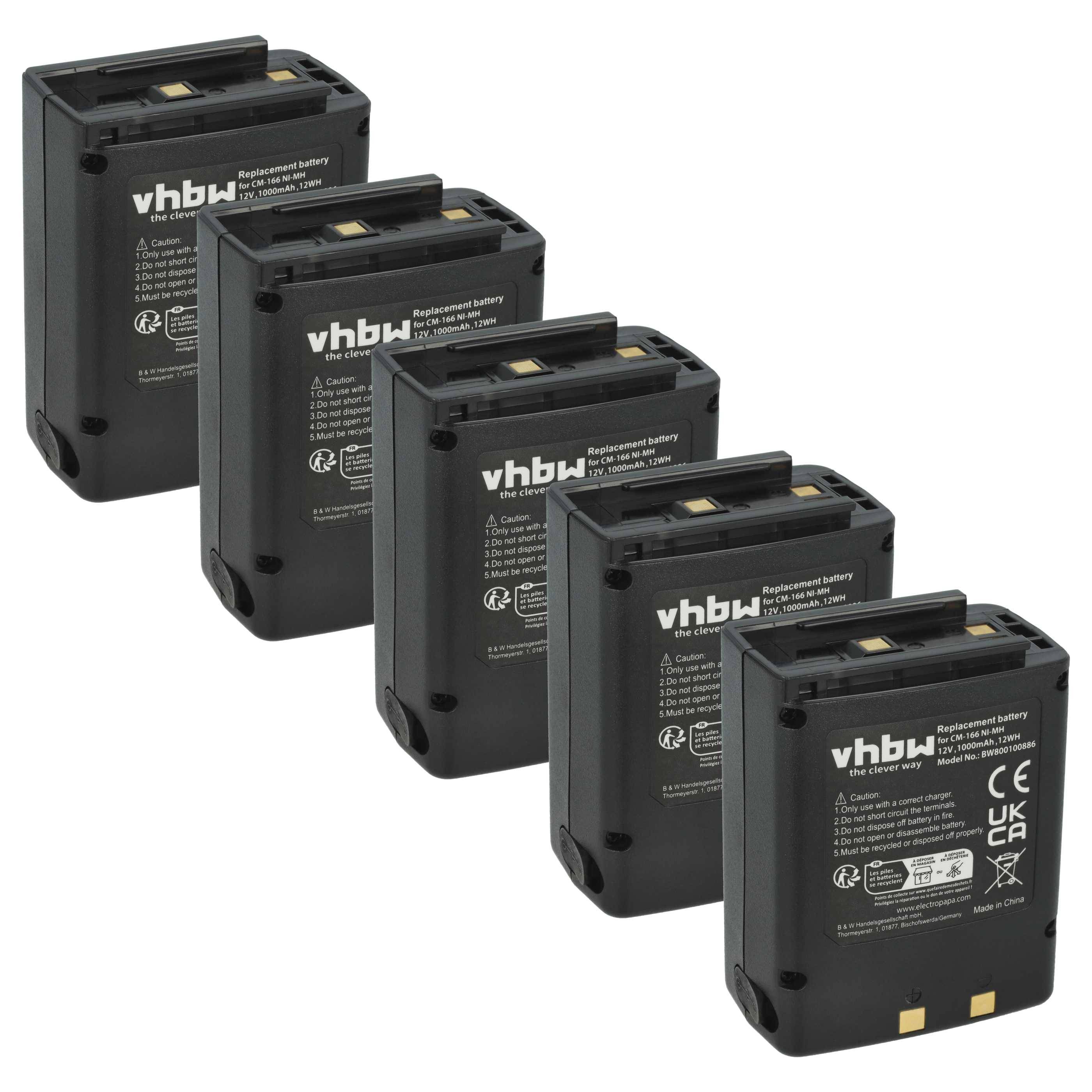 Fünf schwarze vhbw Ersatzbatterien sind diagonal angeordnet. Jede Batterie verfügt über verschiedene Zertifizierungssymbole und Text.