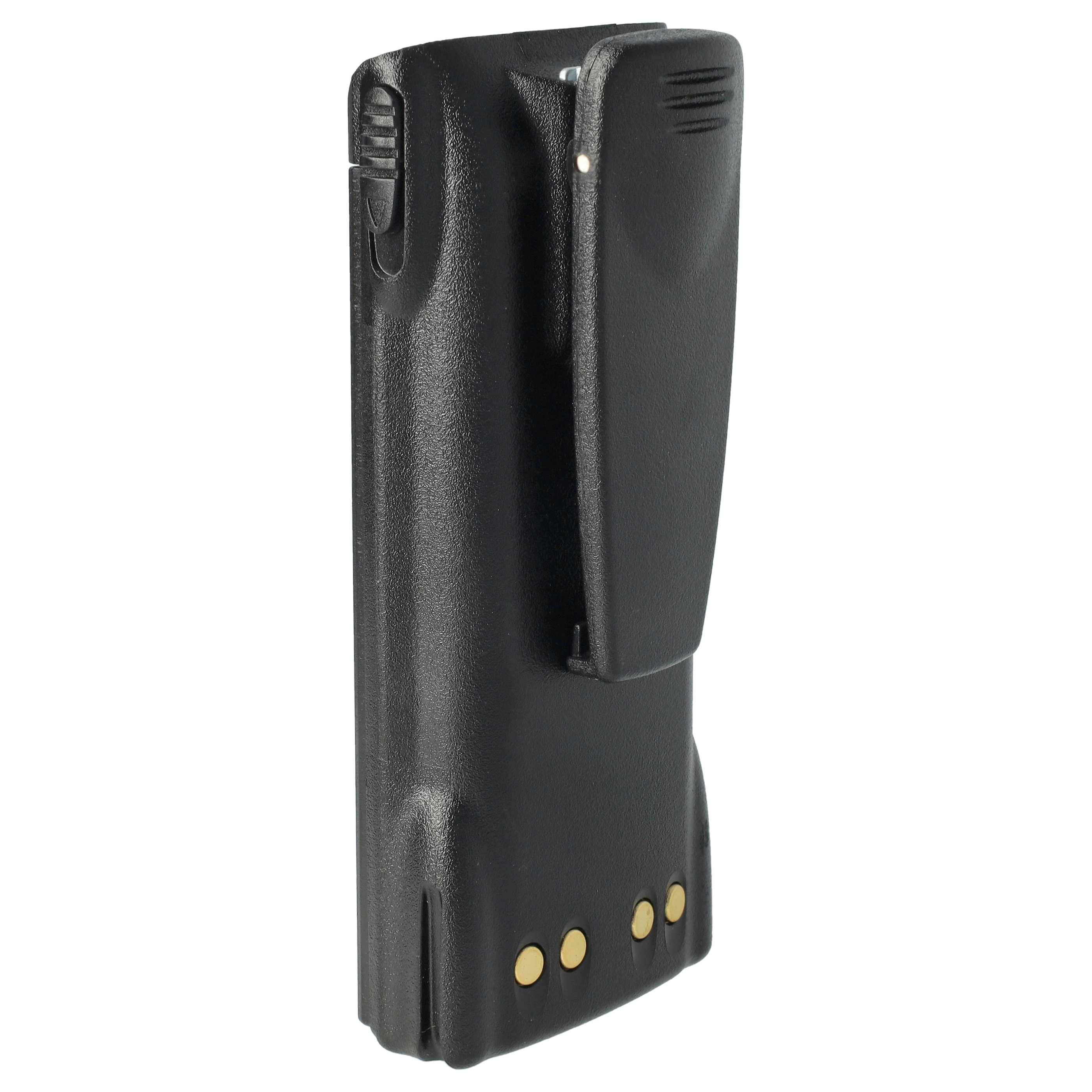 Eine schwarze Radiobatterie mit Gürtelclip, die drei gelbe Kontaktpunkte am unteren Ende aufweist und für tragbare Radios konzipiert ist.