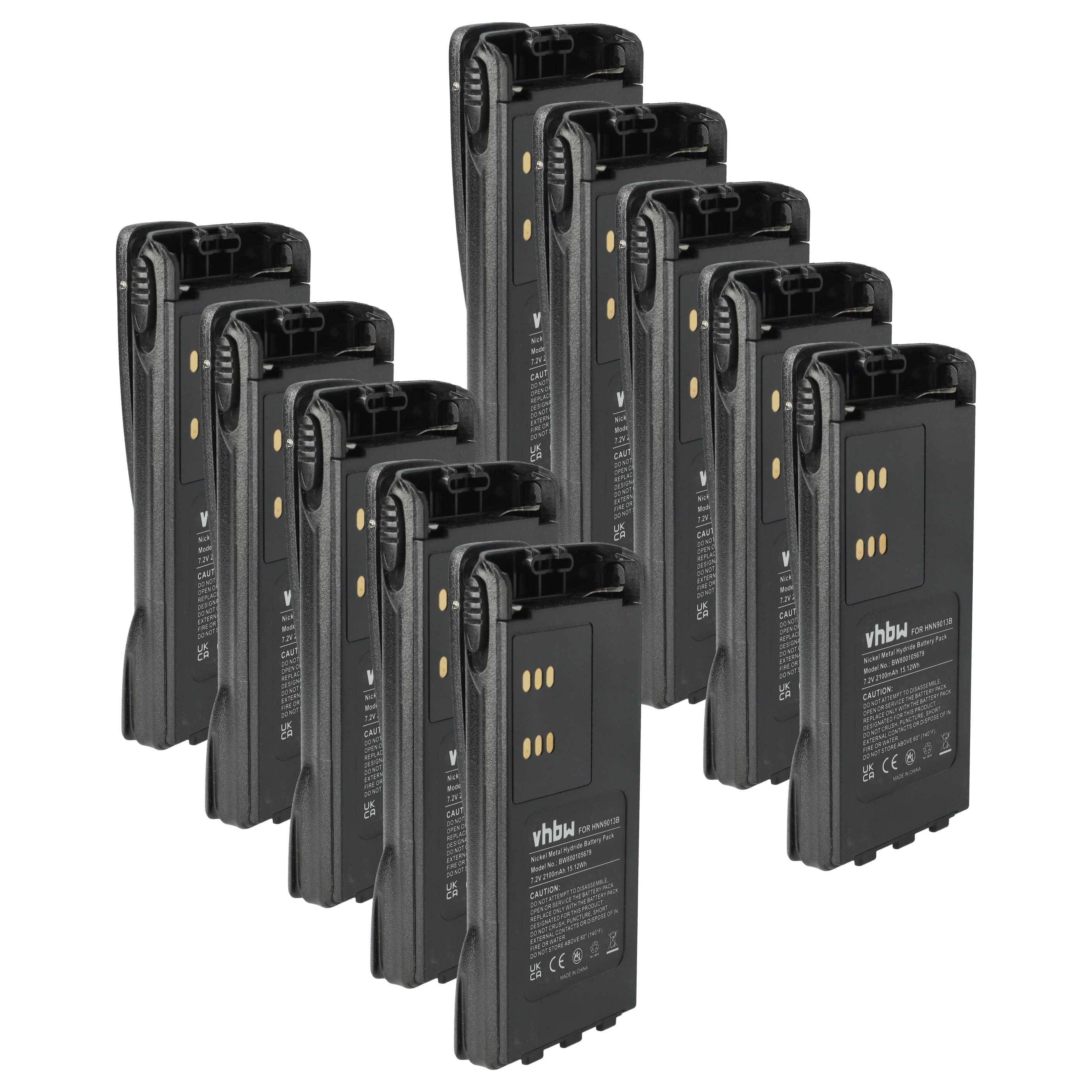 Zehn schwarze vhbw Kamerabatterien, in Reihen angeordnet. Jede Batterie hat sichtbaren Text und goldene Kontakte, die ihre Spezifikationen anzeigen.
