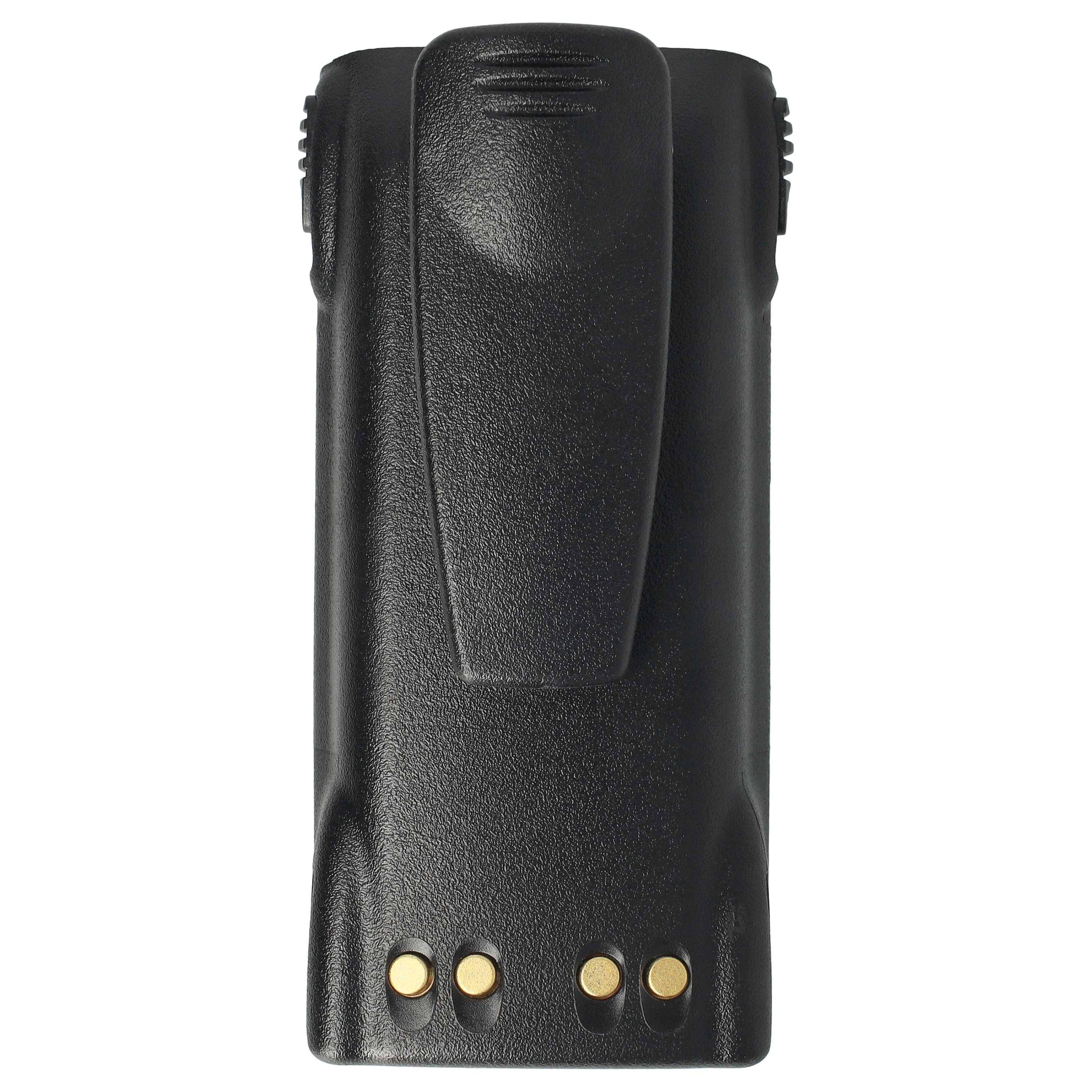 Eine schwarze Zwei-Wege-Funkgeräte-Batterie mit einer Gürtelclip und vier goldenen Kontaktpunkten am unteren Ende, die ihr tragbares Design betont.