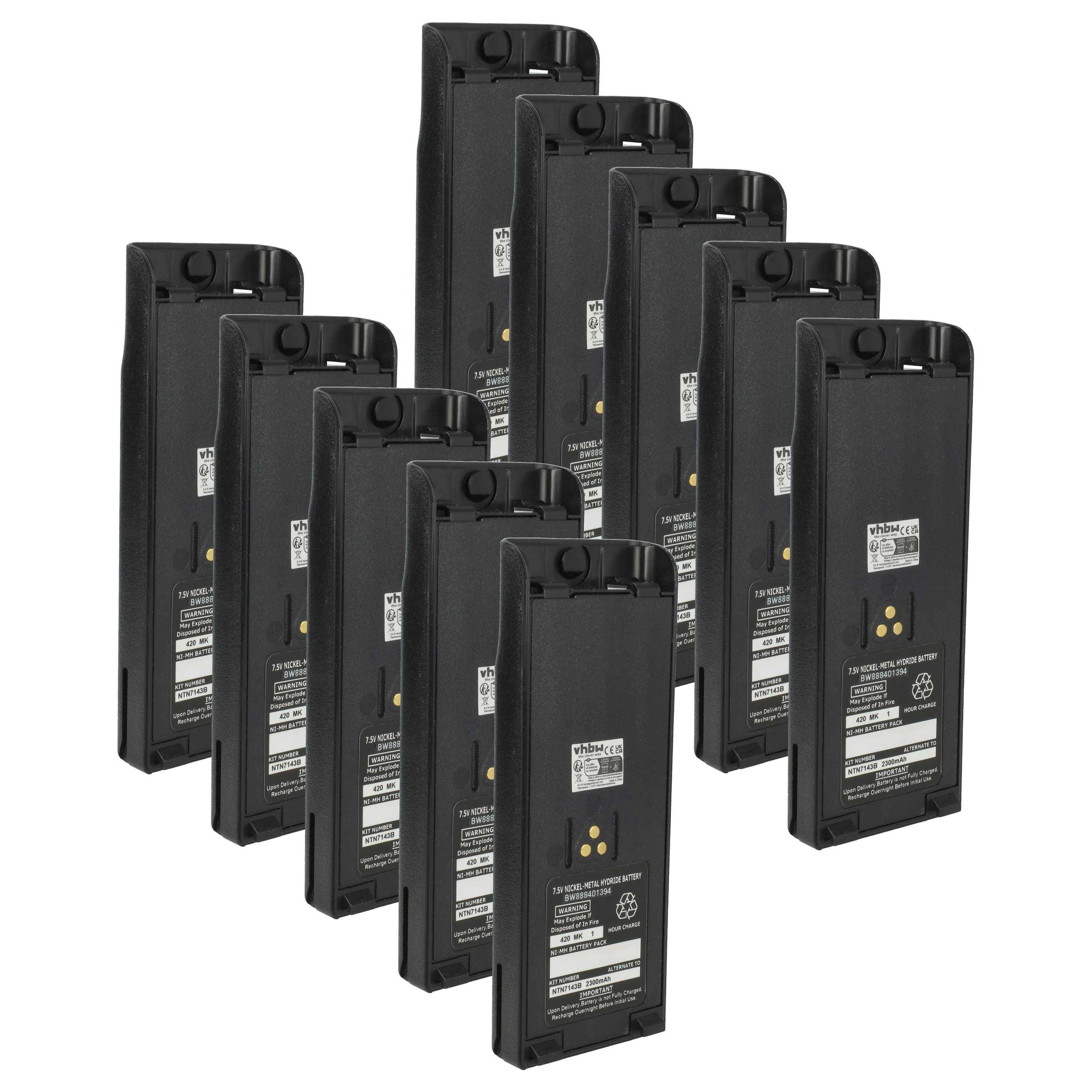 Zehn schwarze Lithium-Ionen-Akkupacks, die mit technischen Spezifikationen und Recycling-Symbolen beschriftet sind, stehen aufrecht vor einem neutralen Hintergrund.