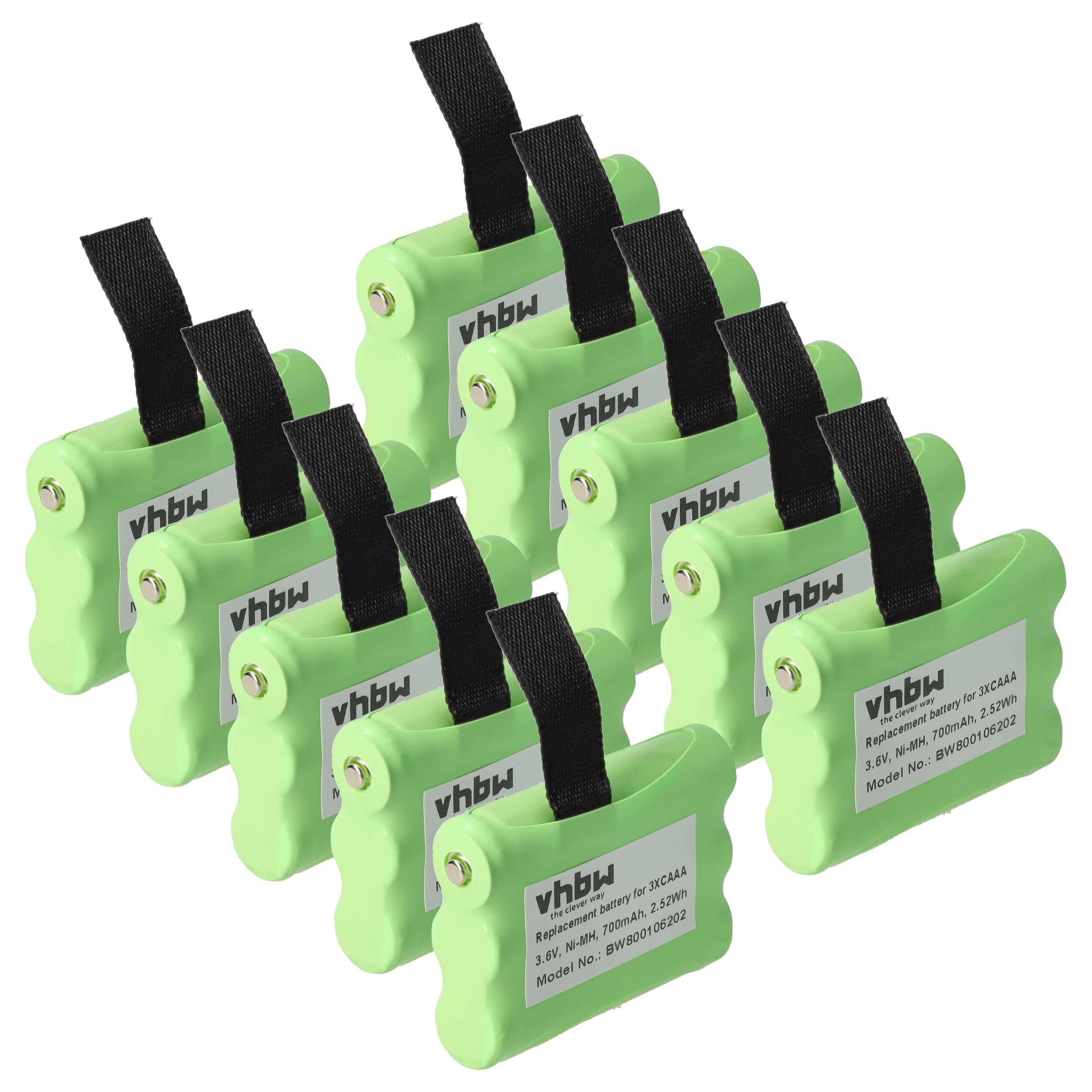 Grüne Ersatz-Akkupacks in einer Gruppe, gekennzeichnet mit 'vhbw', jeder mit einem schwarzen Reiter, vorgesehen für den Einsatz in verschiedenen elektronischen Geräten.