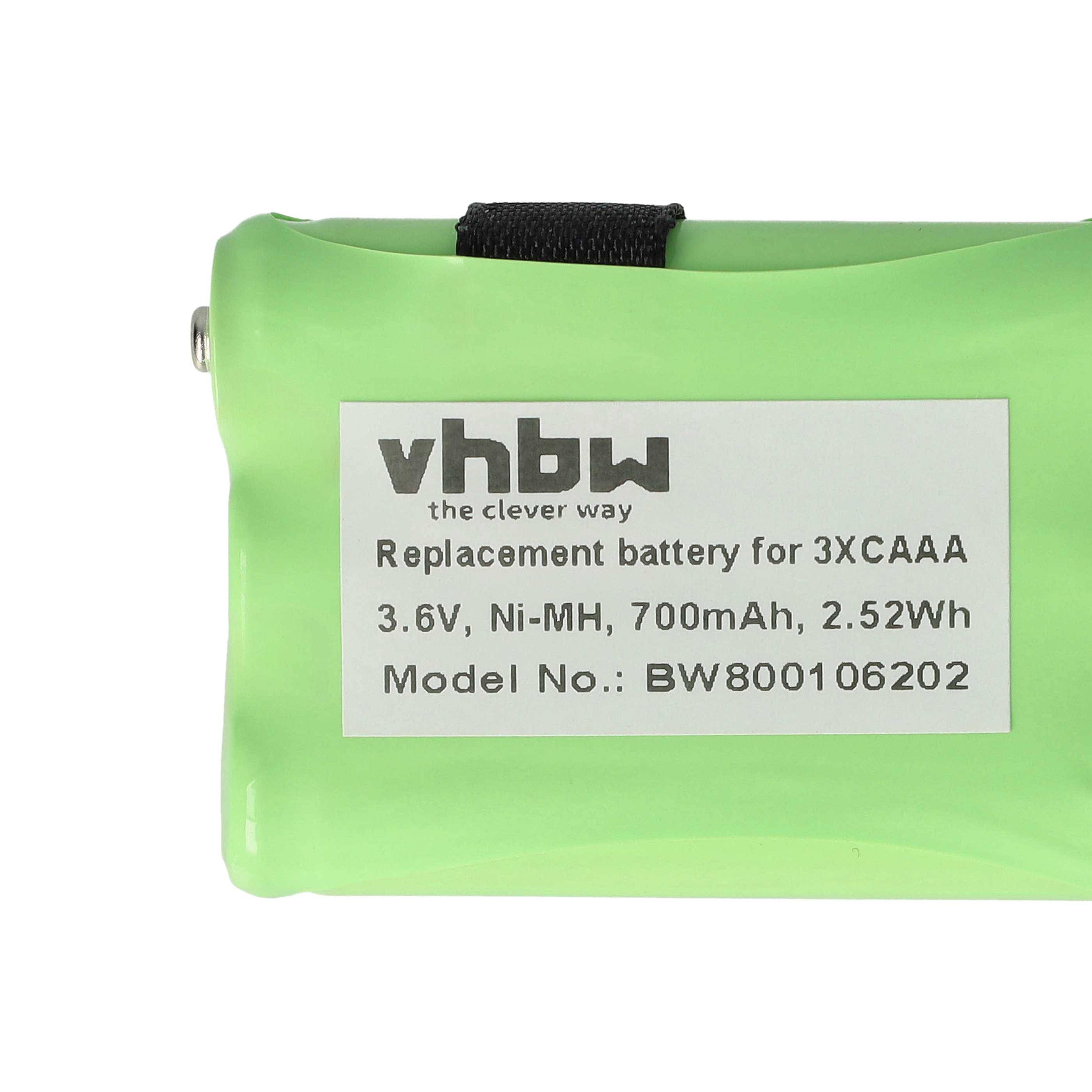 Grüne wiederaufladbare Batterie mit der Aufschrift 'vhbw the clever way', 3,6V, Ni-MH, 700mAh, 2,52Wh. Modell-Nr.: BW80010620, Ersatz für 3XAAA.