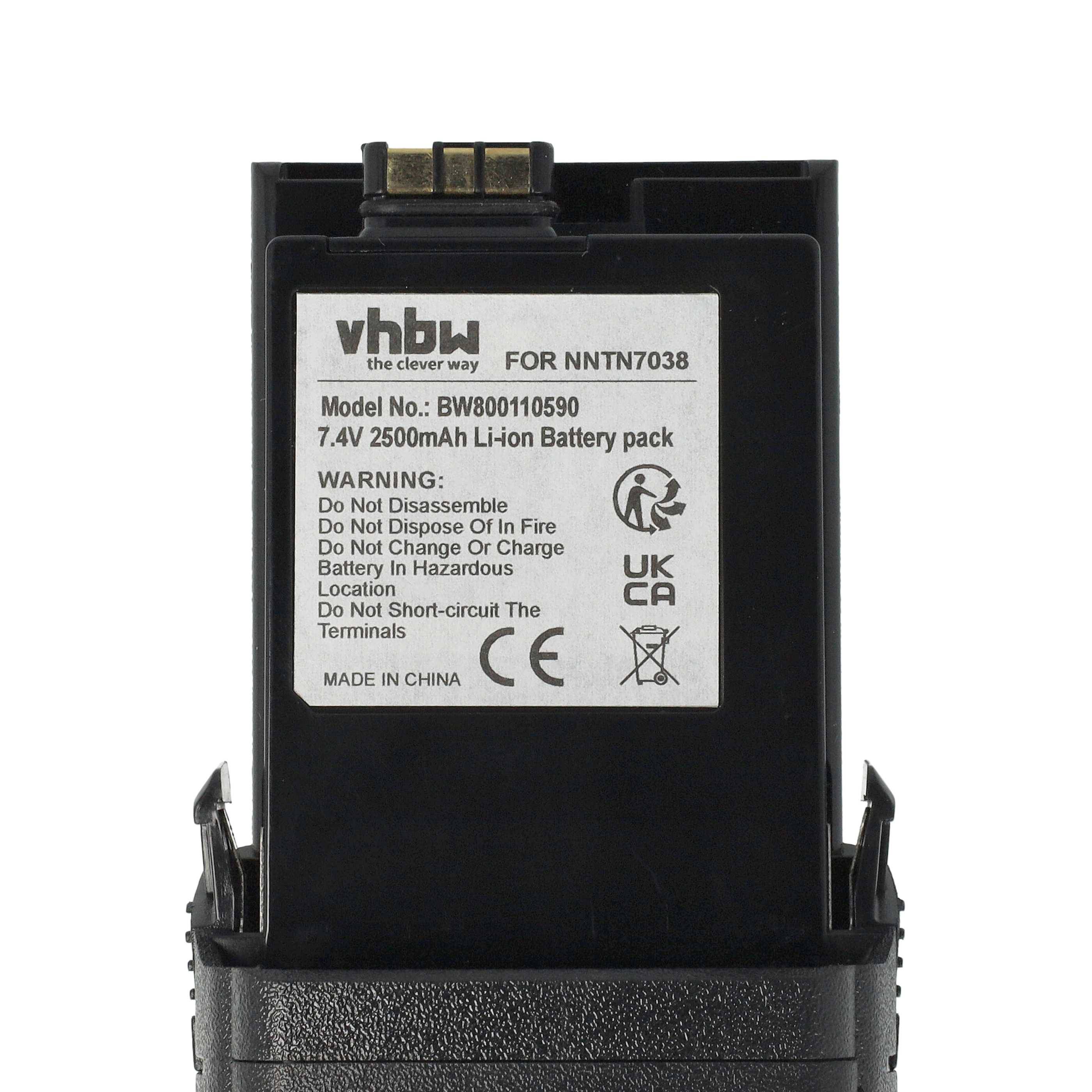 Akkupack mit Modellnummer BW800110590, 7,4V, 2500mAh Kapazität. Warnhinweise umfassen das Verbot der Entsorgung in Feuer und das Kurzschließen der Anschlüsse.