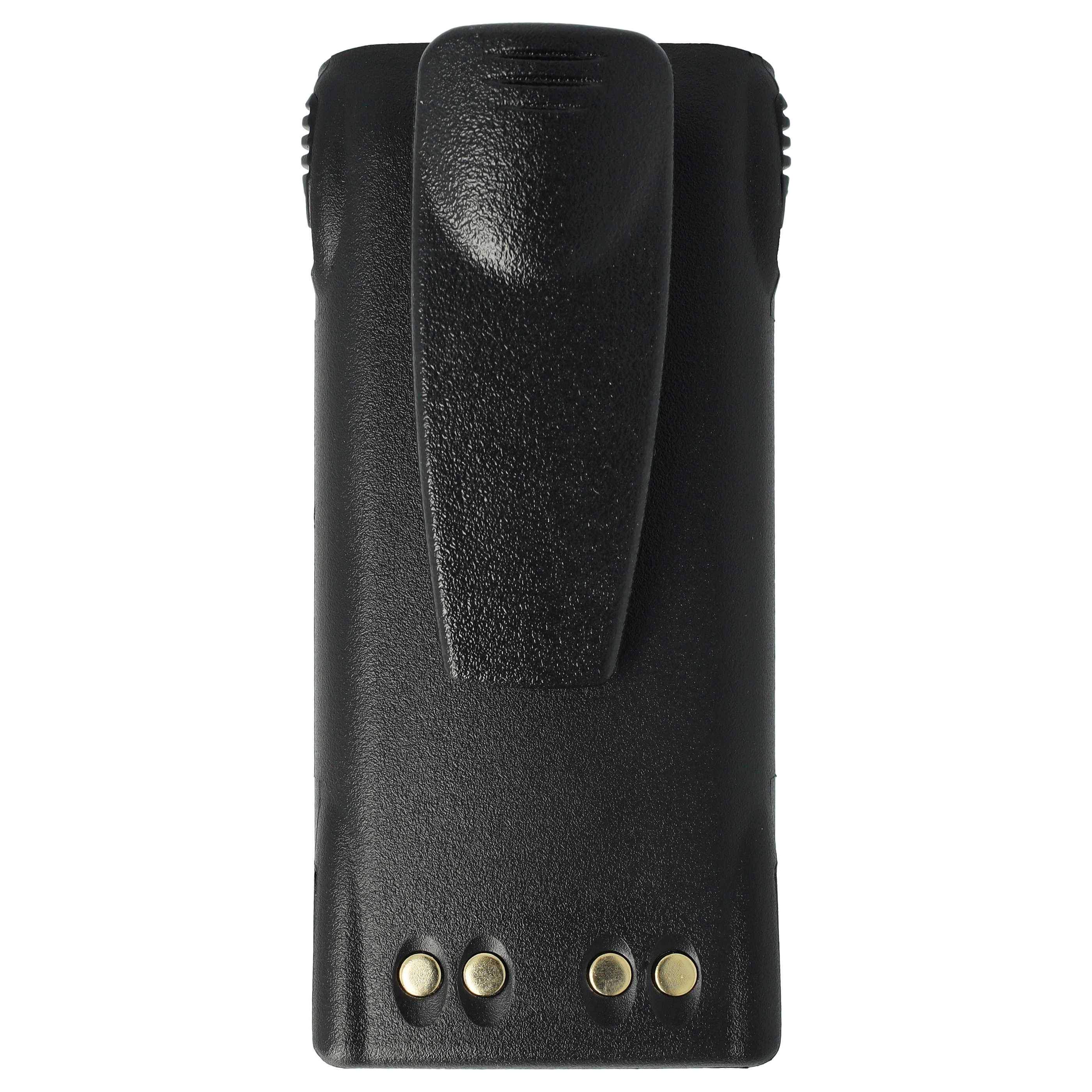 Ein schwarzer Radiobatteriepack mit Gürtelclip, ausgestattet mit drei runden Metallkontakten am unteren Ende.