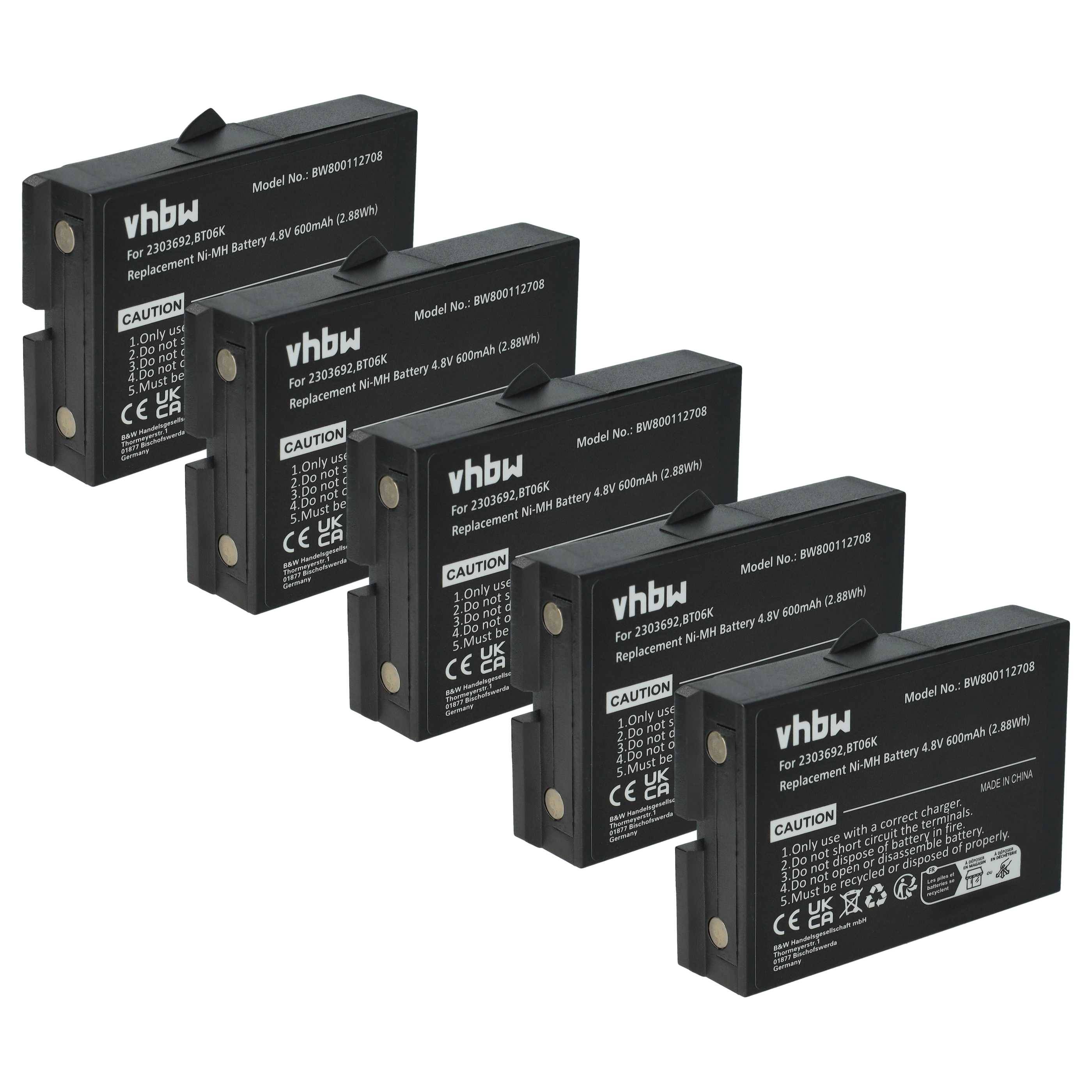 Fünf schwarze vhbw Kamerabatterien mit der Bezeichnung VHBW012704, mit folgenden Spezifikationen: Ni-MH, 6,0V, 4200mAh, 25Wh, zusammen mit Sicherheitswarnungen.