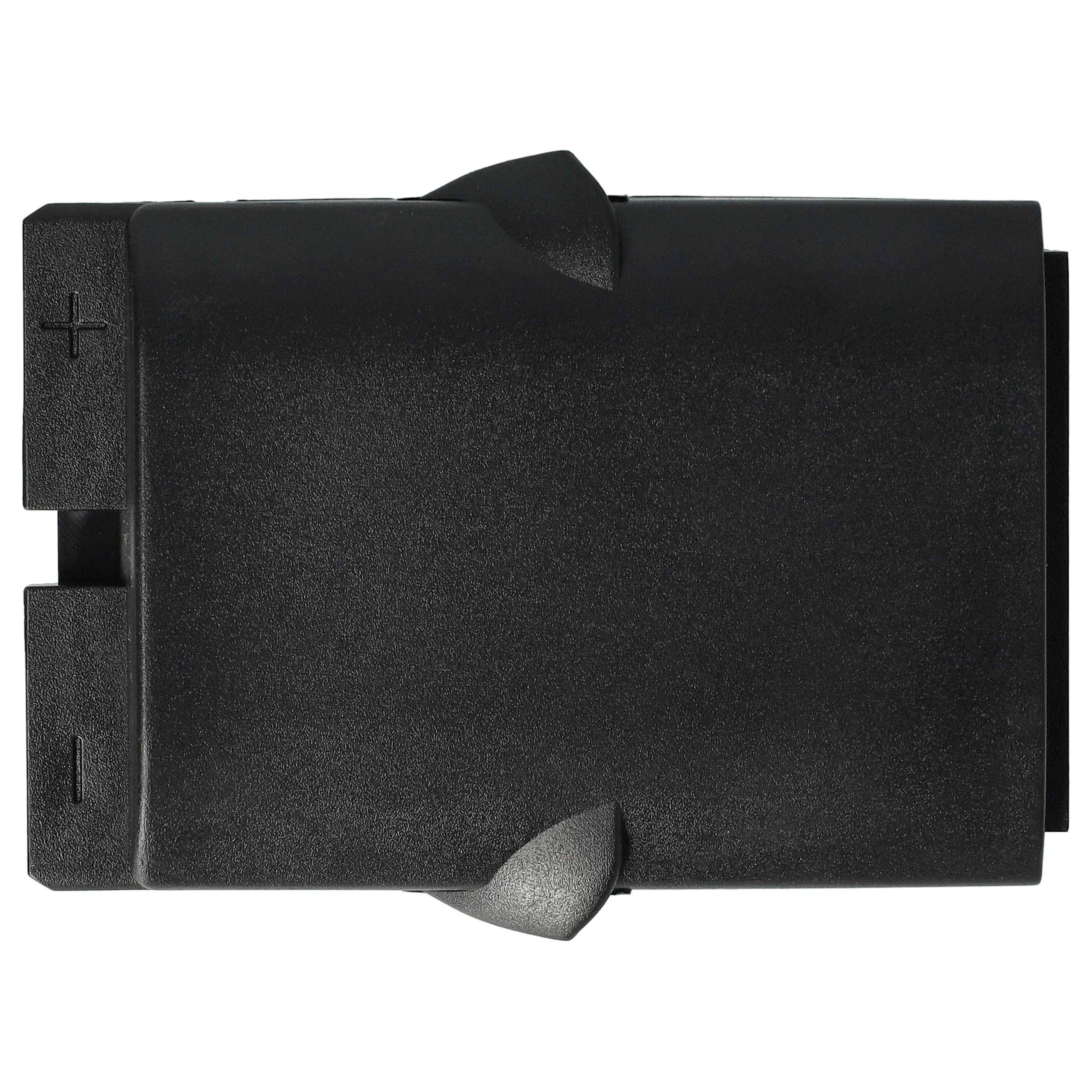 Ein schwarzes aufladbares Batteriefach mit einem Pluszeichen links und einem Minuszeichen rechts, die die positiven und negativen Anschlüsse kennzeichnen.