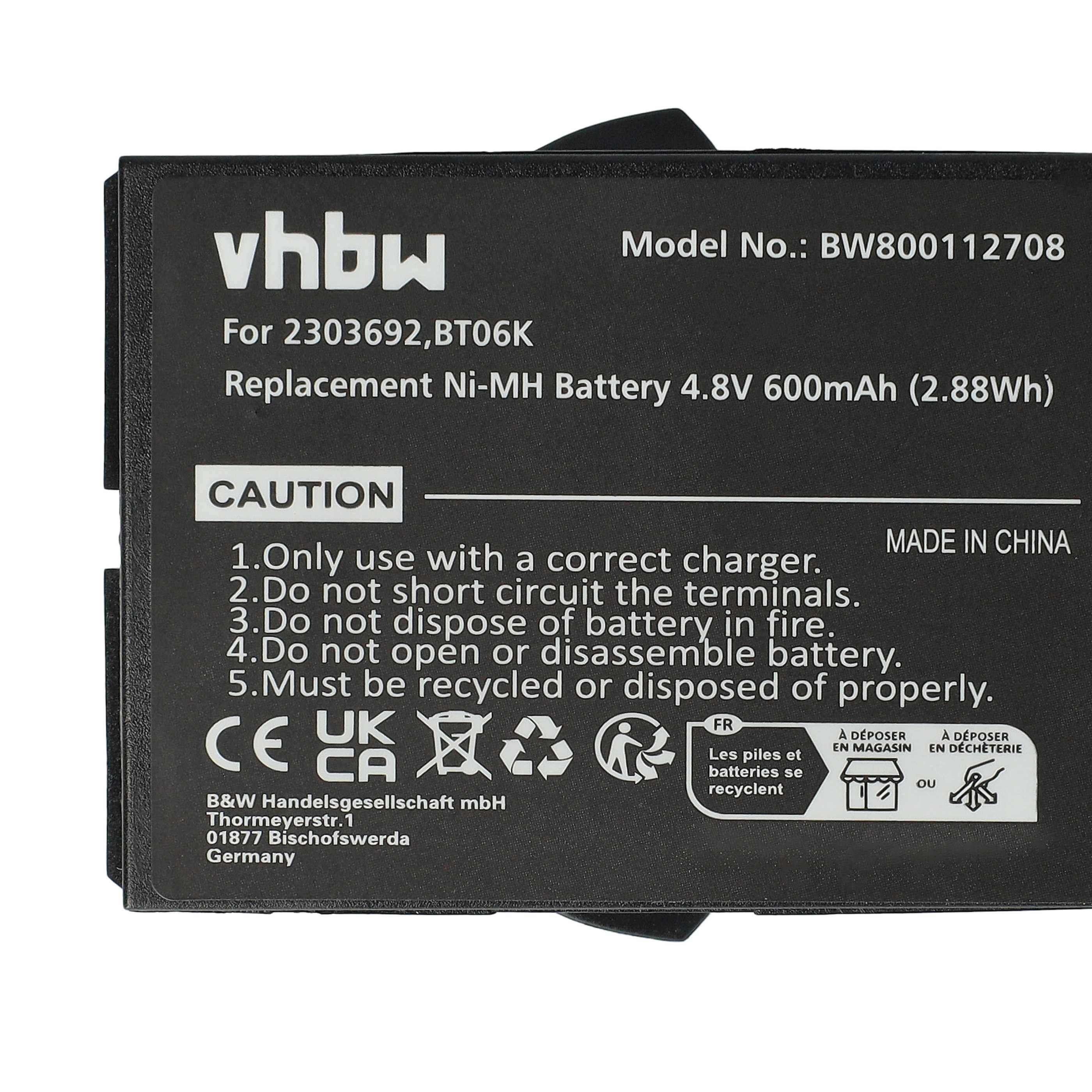 Batterie-Etikett mit Modell BW800112708, 4,8V 600mAh, mit Warnhinweisen: 