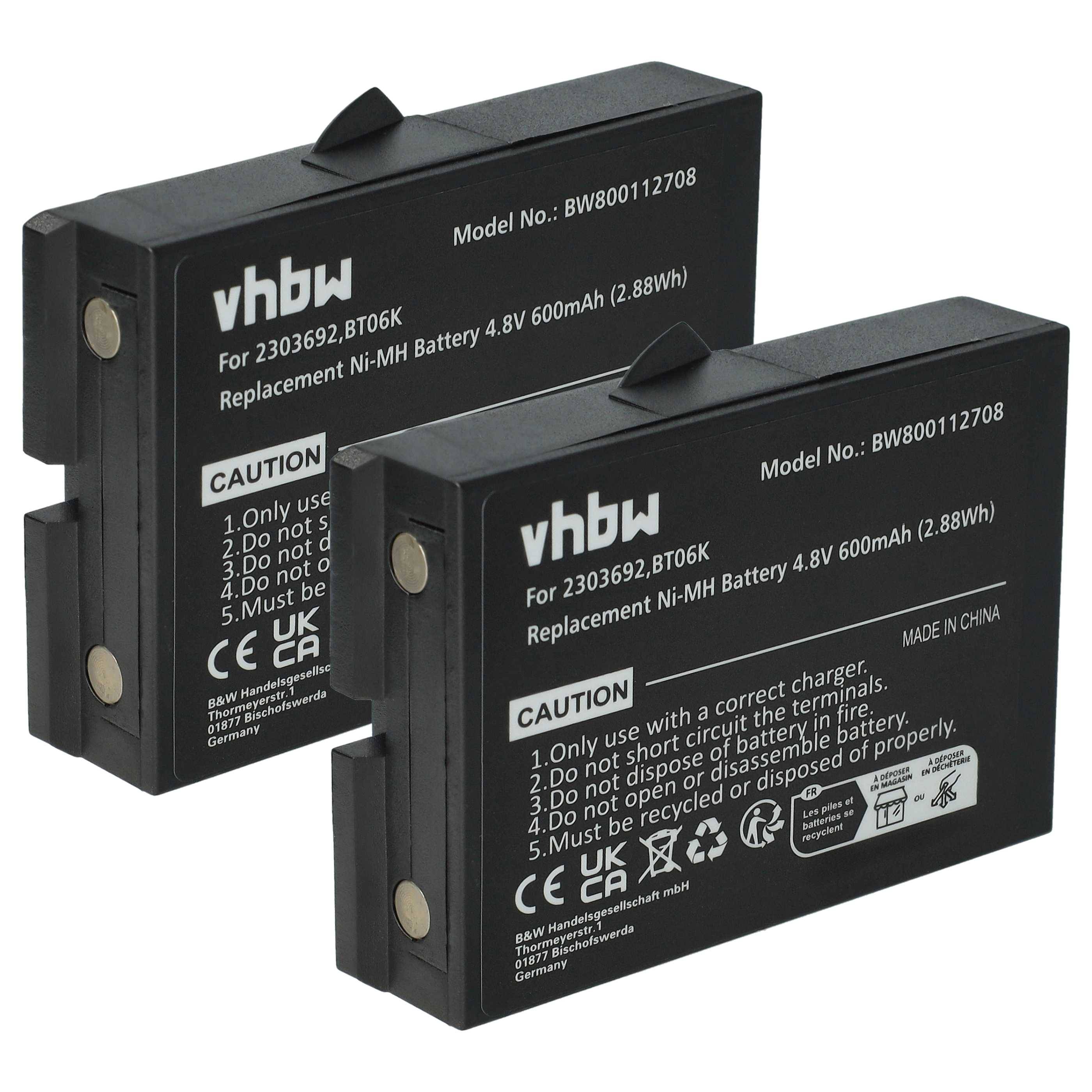 Zwei schwarze wiederaufladbare Batterien mit der Bezeichnung 'vhbw' und der Modellnummer BW800112708. Es handelt sich um Ersatz-Ni-MH-Batterien, 4,8V, 600mAh.