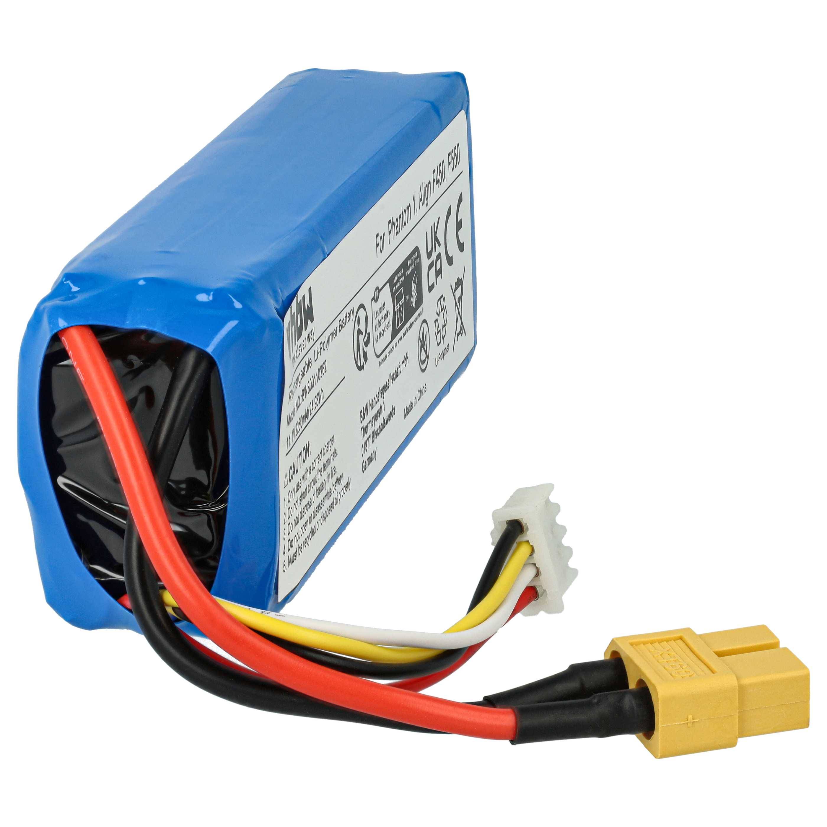 Ein blauer Lithium-Ionen-Akkupack mit gelben und schwarzen Kabeln, die an einen gelben XT60-Stecker angeschlossen sind. Etiketten mit technischen Informationen sind sichtbar.