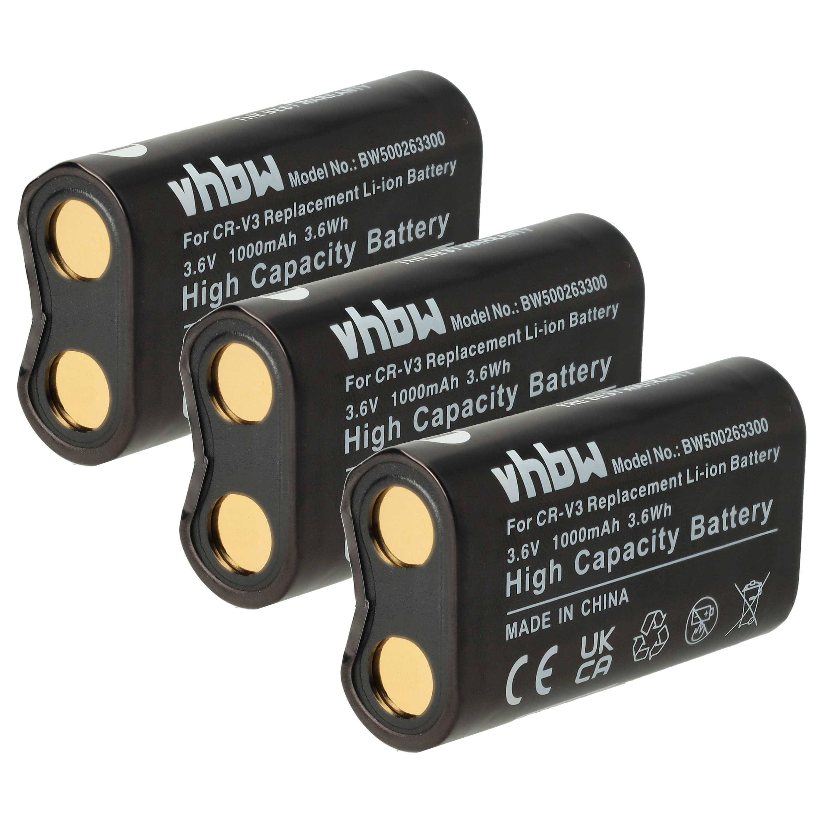 Drei schwarze vhbw Lithium-Ionen-Hochkapazitätsbatterien, gekennzeichnet als Ersatz für CR-V3, 3,6V, 1000mAh. Hergestellt in China.