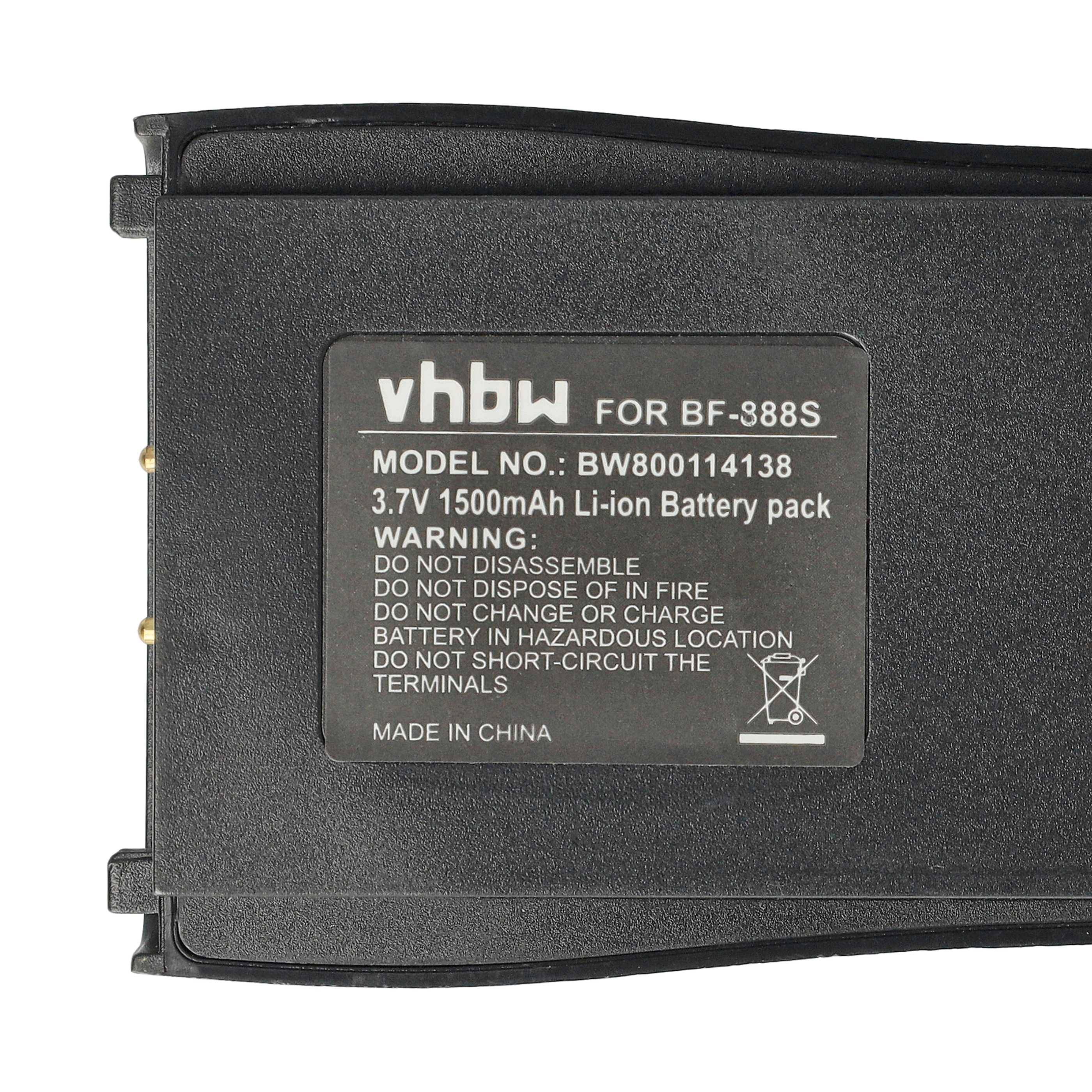 Ein schwarzes vhbw 3,7V 1500mAh Li-Ionen-Akkupack, beschriftet für BF-888S mit Warnung: Nicht in Feuer entsorgen, nicht an gefährlichen Orten aufladen. Hergestellt in China.