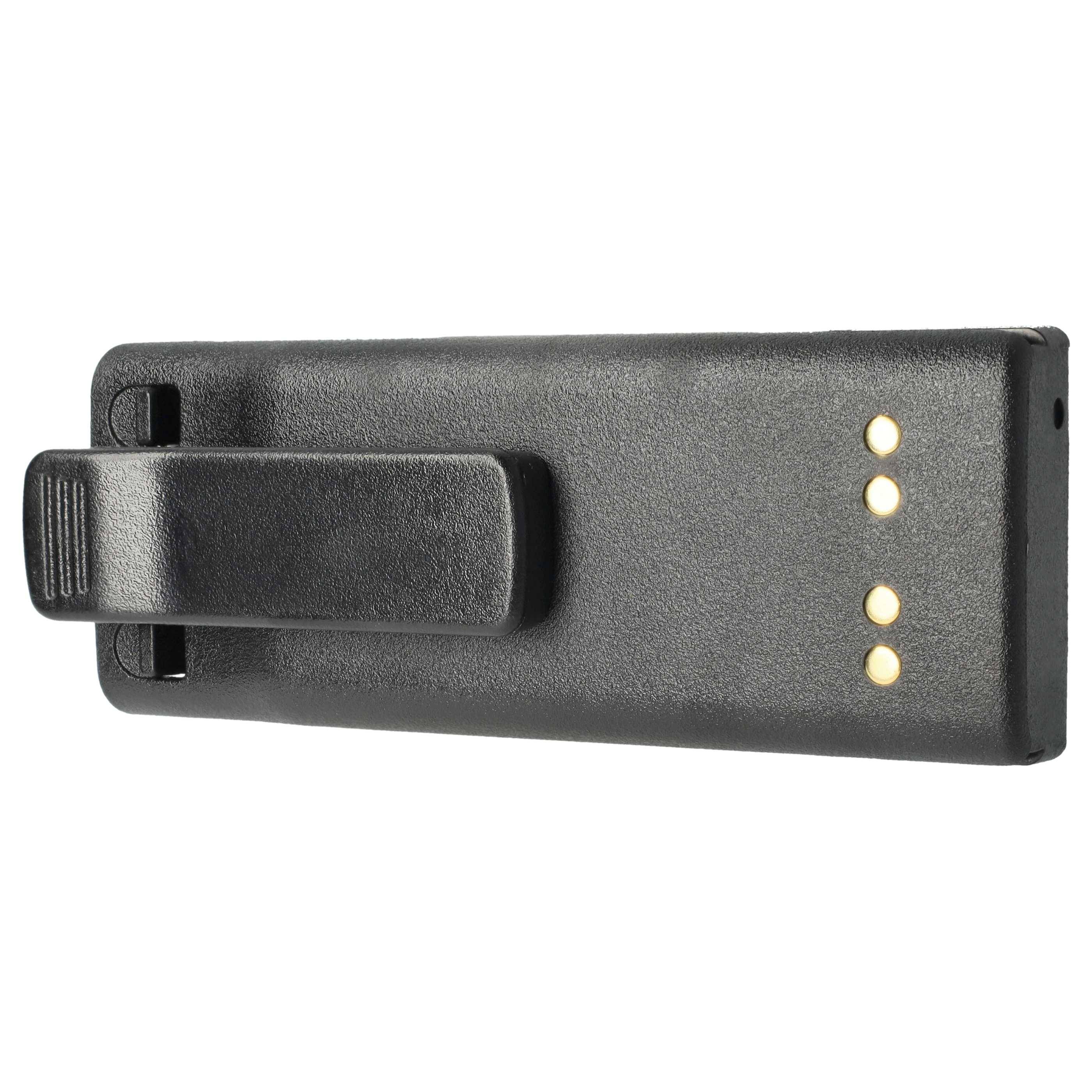 Ein schwarzer elektronischer Pager mit einer Klammer auf der Rückseite, der drei kleine kreisförmige Tasten an der Seite hat.