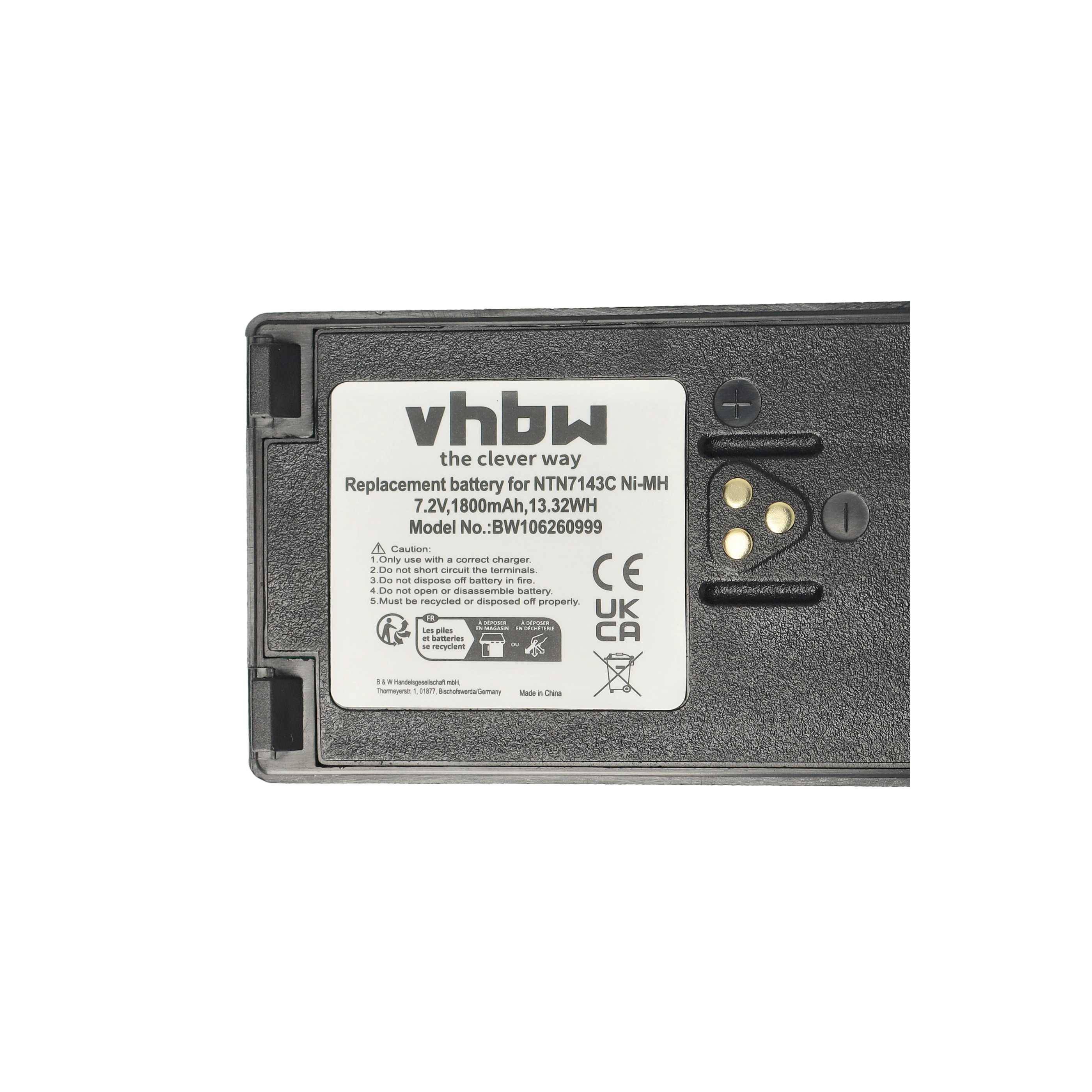 Ersatzbatterie für NTY143C, 7,2V, 1800mAh, 13,32Wh, Modell-Nr. BV01620999, gekennzeichnet mit technischen Spezifikationen und Zertifizierungen.