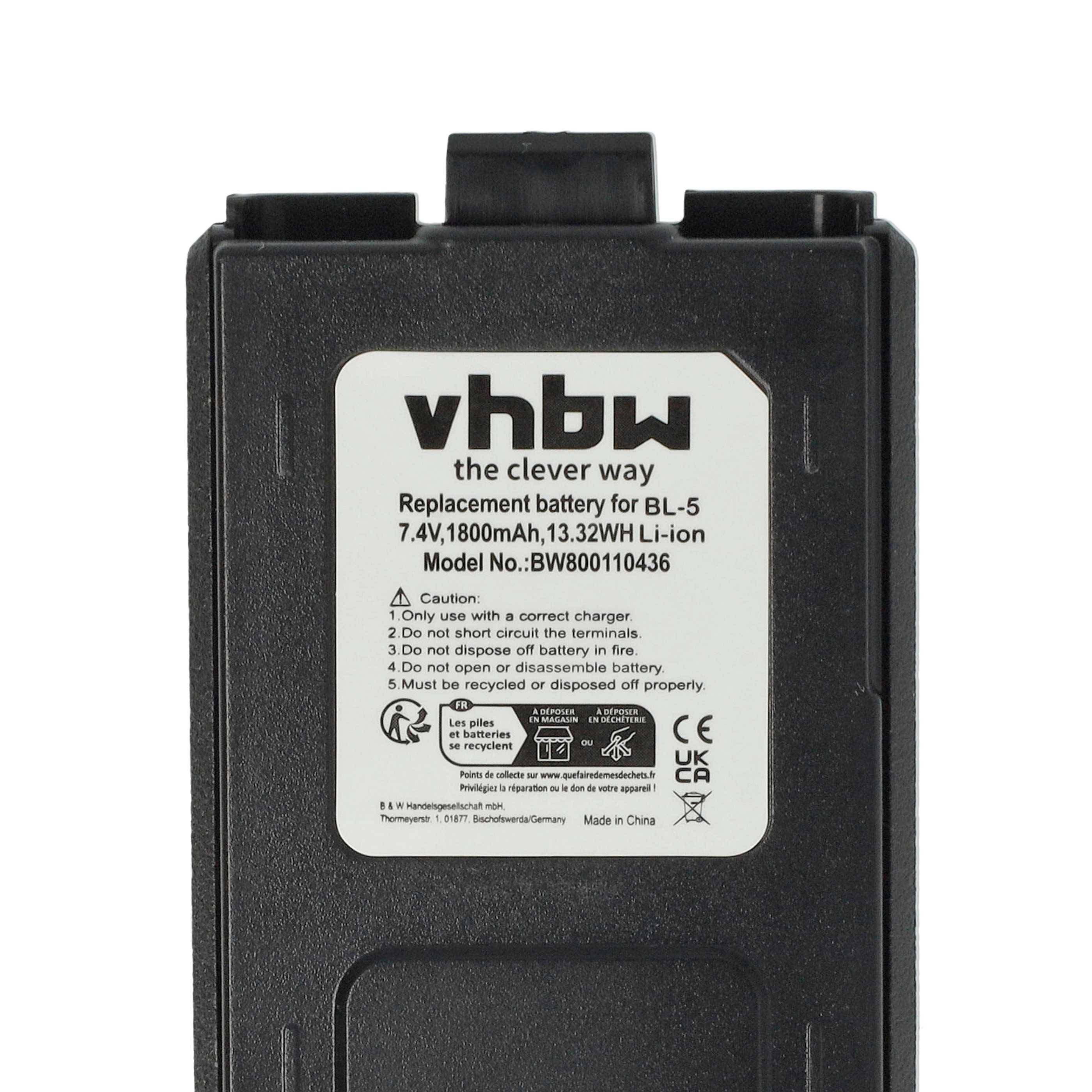 Ersatzbatterie 'vhbw' für BL-5. Spezifikationen: 7,4V, 1800mAh, 13,32Wh, Li-Ion. Modell-Nr.: BWB800110436.