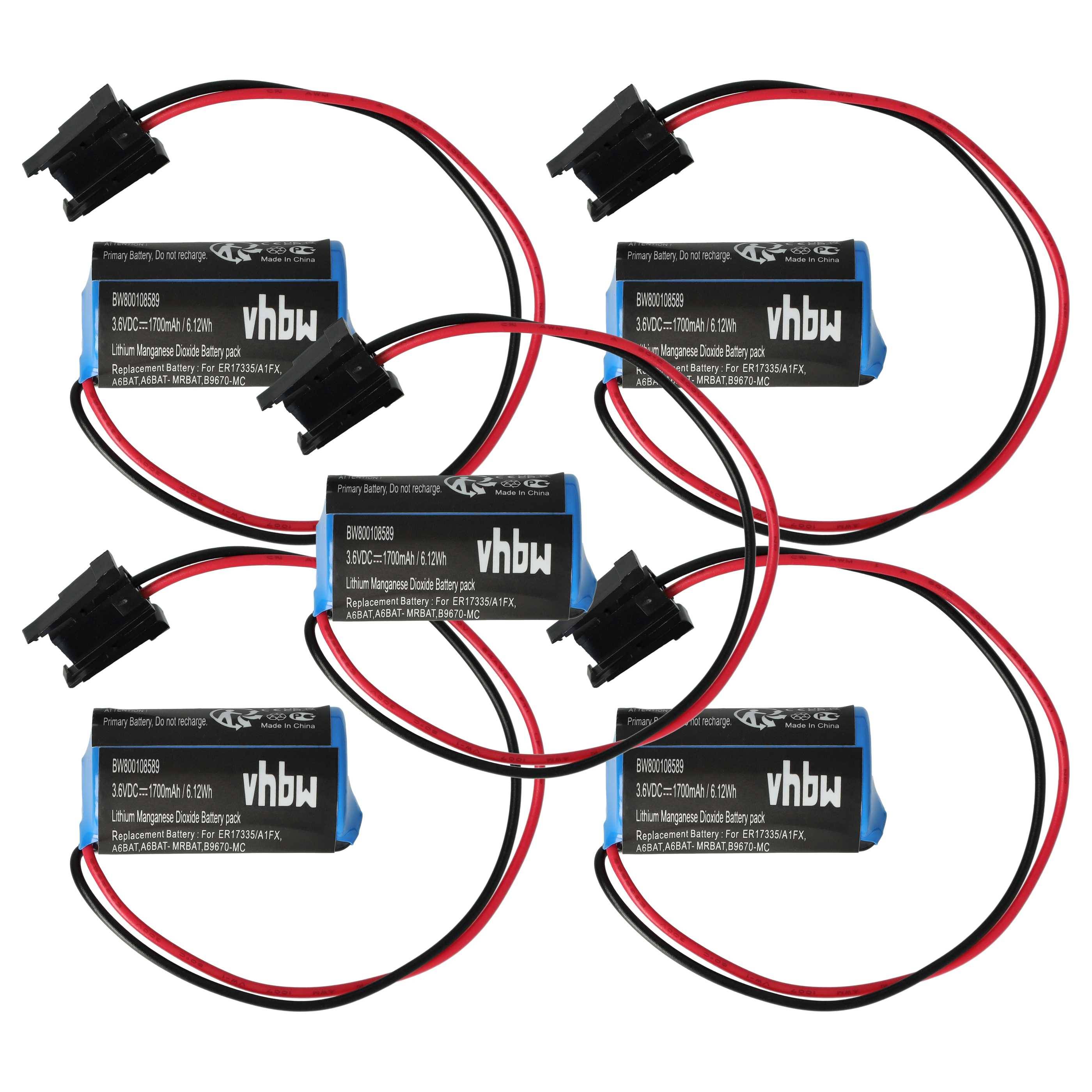 Fünf vhbw Akkus mit Anschlüssen, in einem kreisförmigen Muster angeordnet, jeder mit der Bezeichnung Ni-Mh, 4,8V und 1000mAh Kapazität.