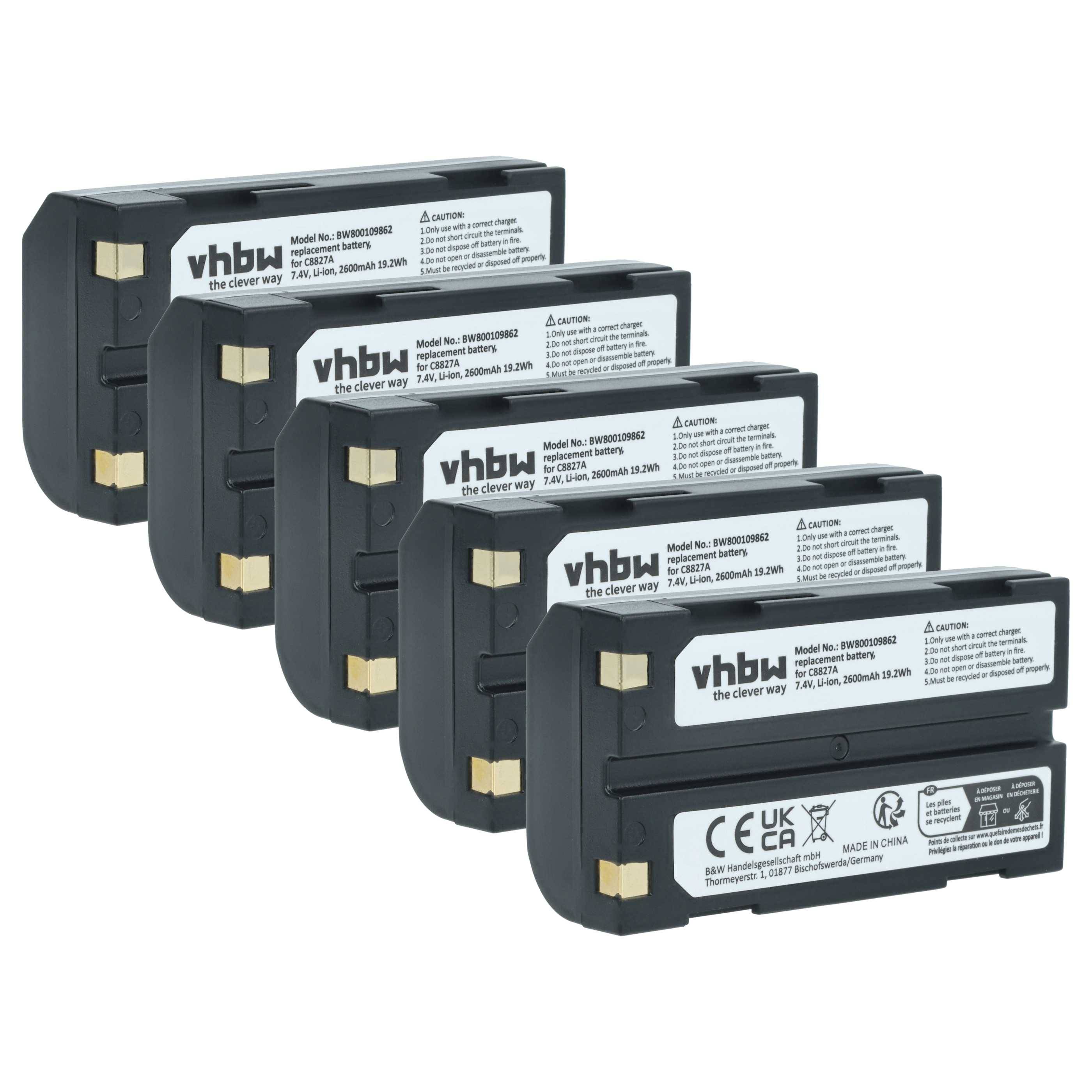 Fünf vhbw Lithium-Ionen-Kamerabatterien sind nebeneinander ausgerichtet und zeigen Etiketten mit Spezifikationen, Sicherheitswarnungen und Zertifizierungszeichen.