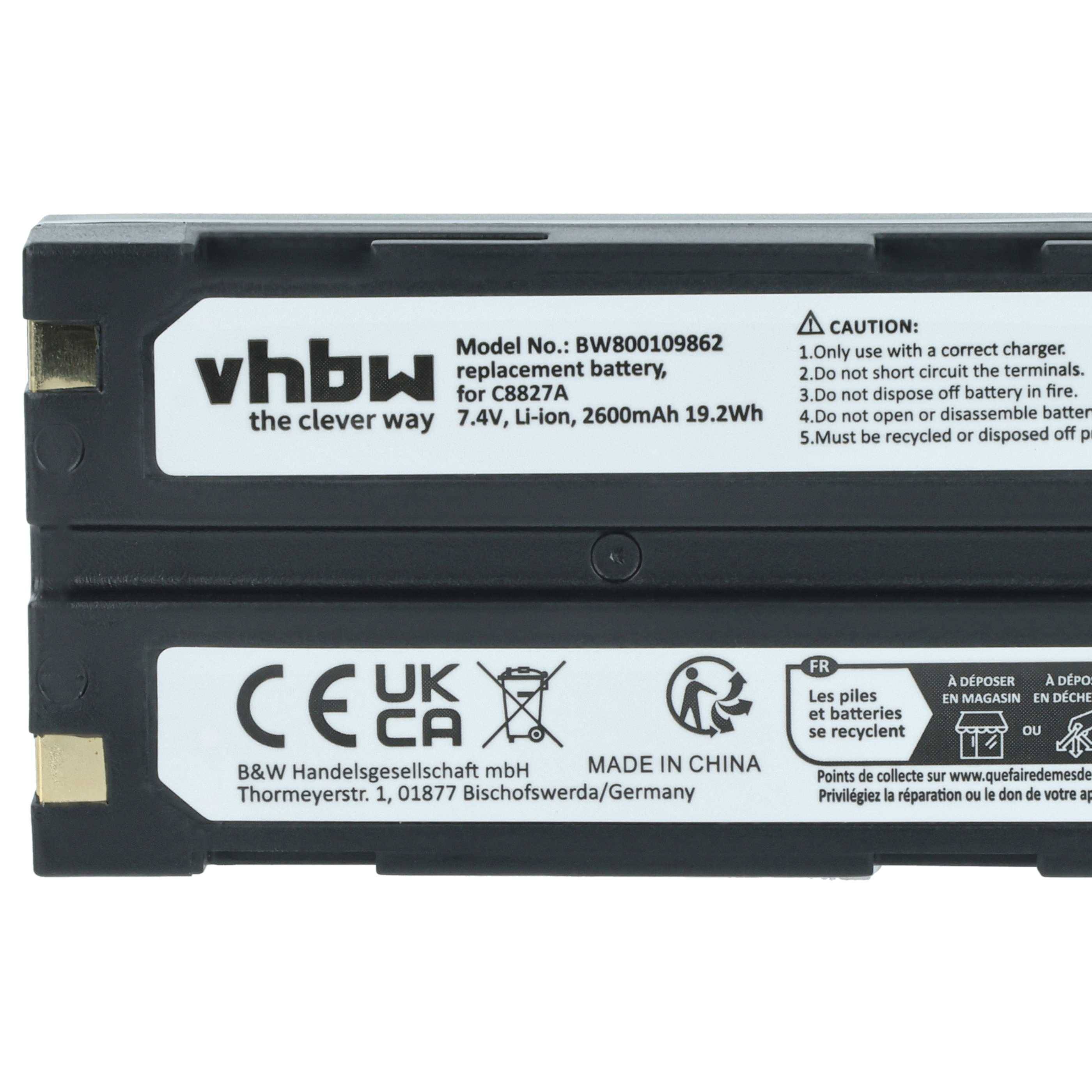 Akkupack mit der Bezeichnung 'vhbw' mit 7,4V, 1600mAh und 19,2Wh Spezifikationen. Enthält Recycling- und Vorsichtsinformationen.