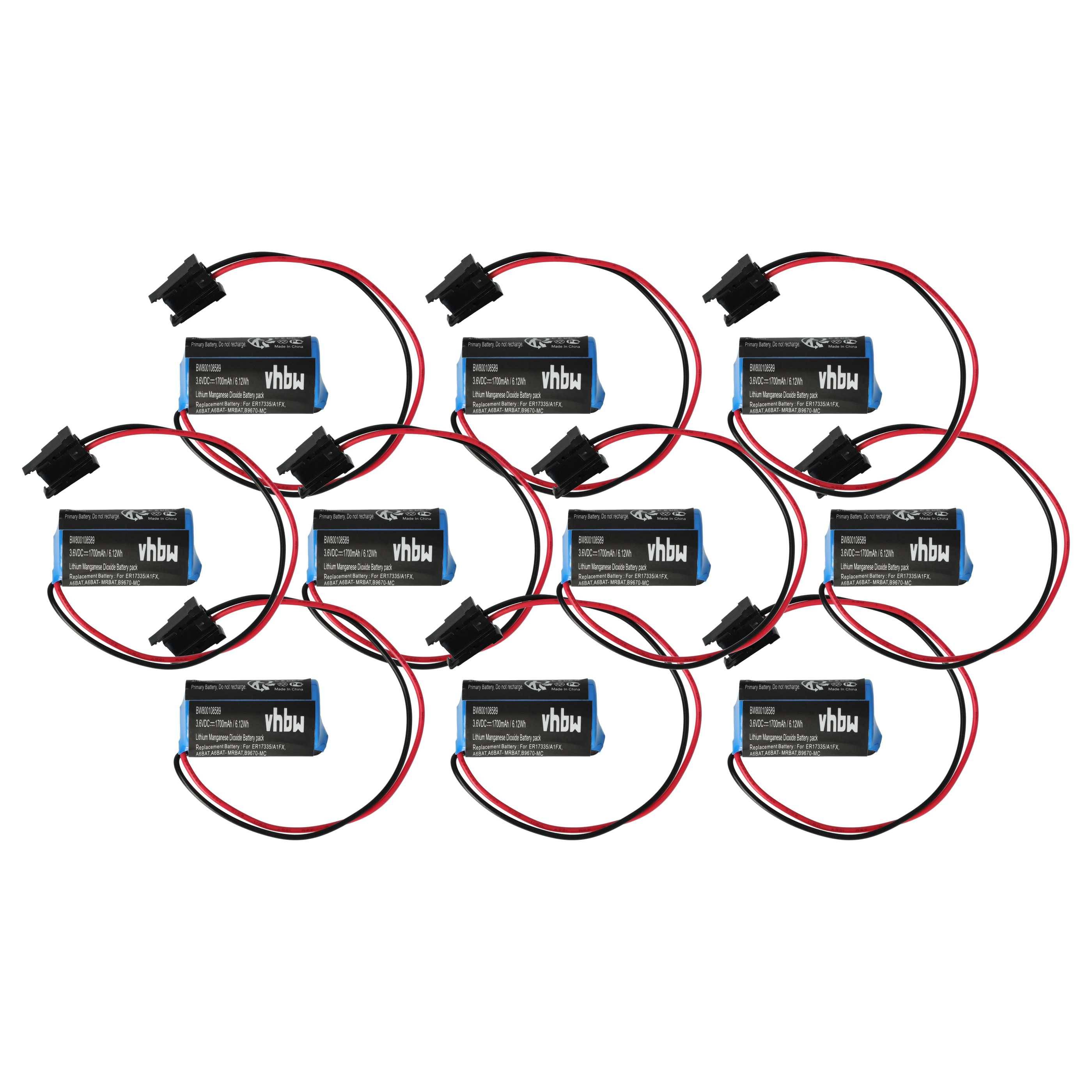 Neun rechteckige Batterien mit schwarzen Anschlüssen und rot/schwarzen Kabeln sind in einem Raster angeordnet. Die Batterien sind mit 'vhbw' beschriftet.