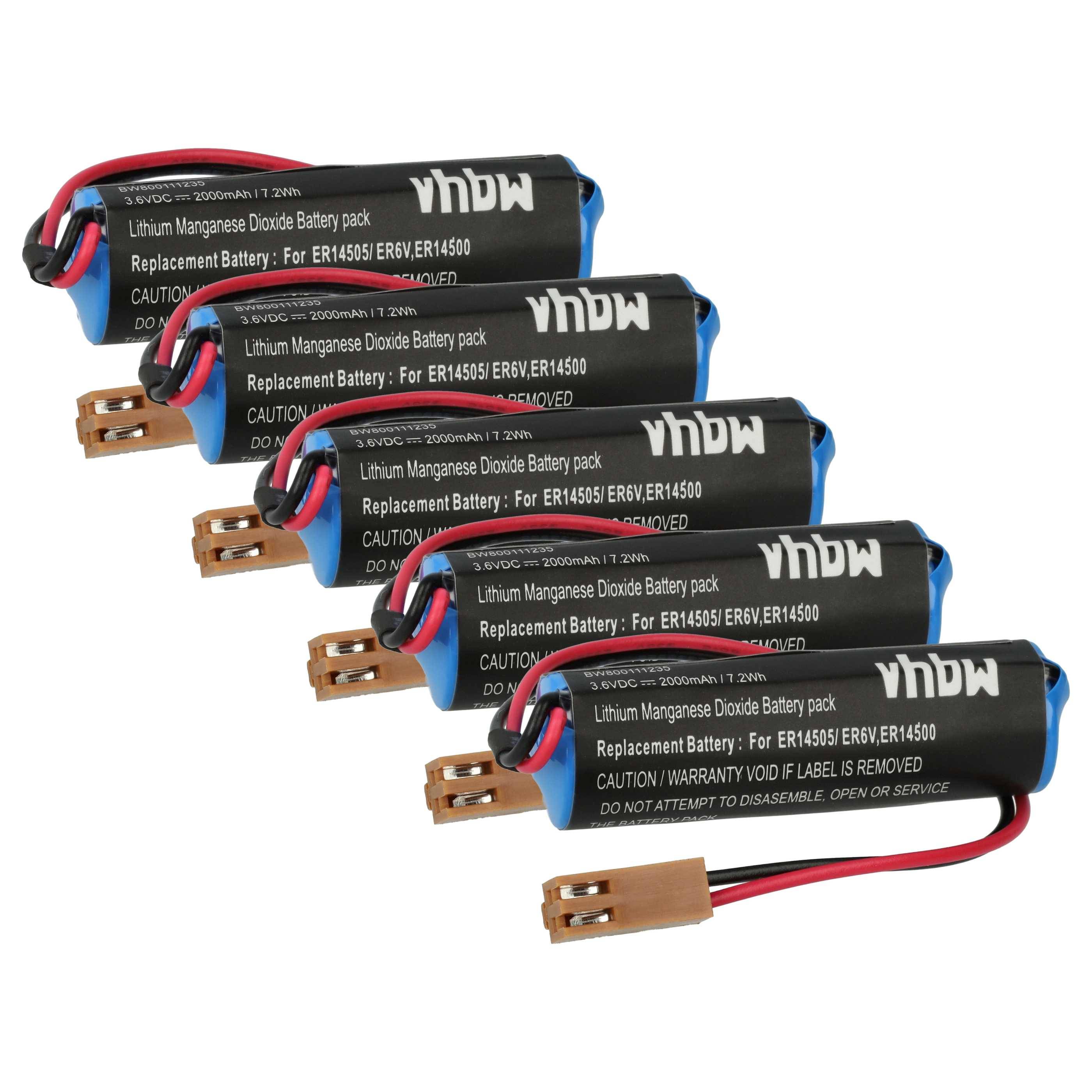 Sechs Lithium-Mangandioxid-Batteriepacks für ER14505/ER6V/ER14500, jedes mit roten und schwarzen Drähten und Steckverbindern.