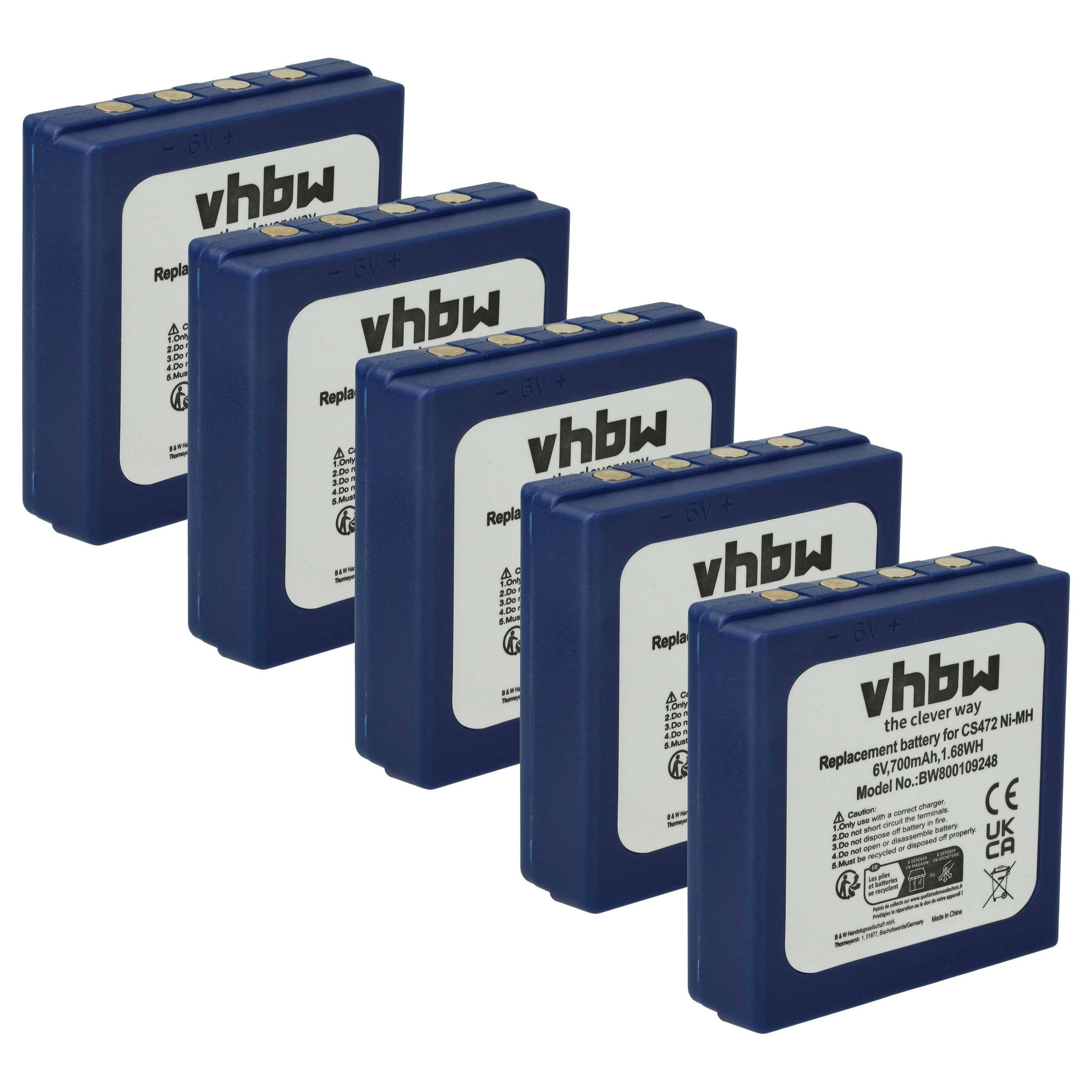 Fünf blaue vhbw Batterien mit der Beschriftung 
