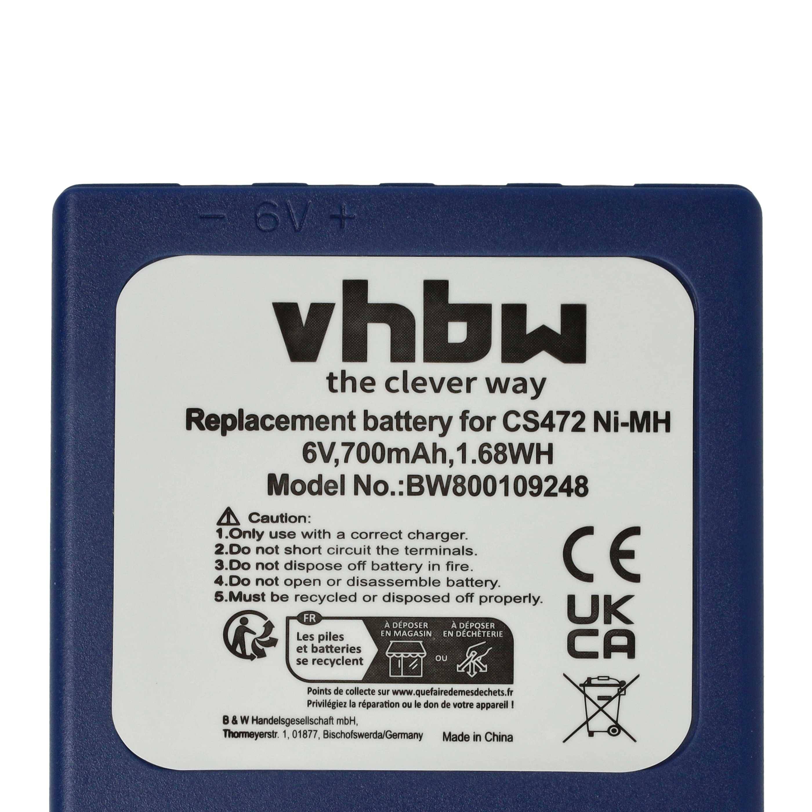 Batterie-Pack beschriftet mit 'Ersatzbatterie für CS472 Ni-MH'. Modell BW800109248, 6V, 700mAh, 1,68Wh. Hergestellt in China.