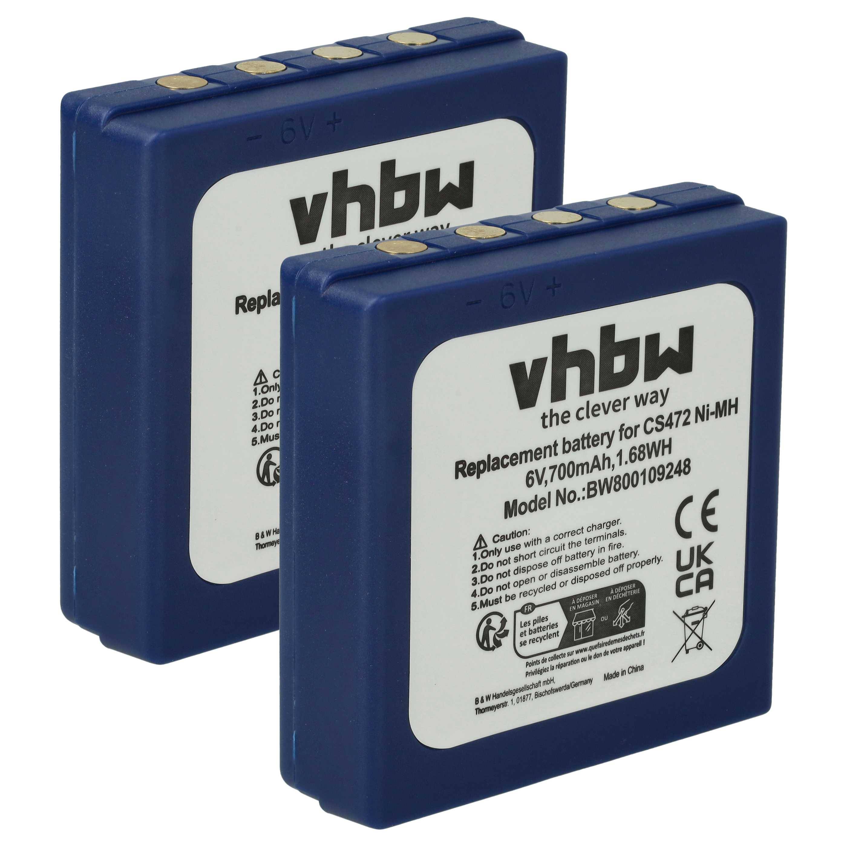 Zwei blaue wiederaufladbare Batterien mit 'vhbw'-Branding, Modell BW800109248, für CS472 Ni-MH, 6V, 700mAh, 4,1Wh.