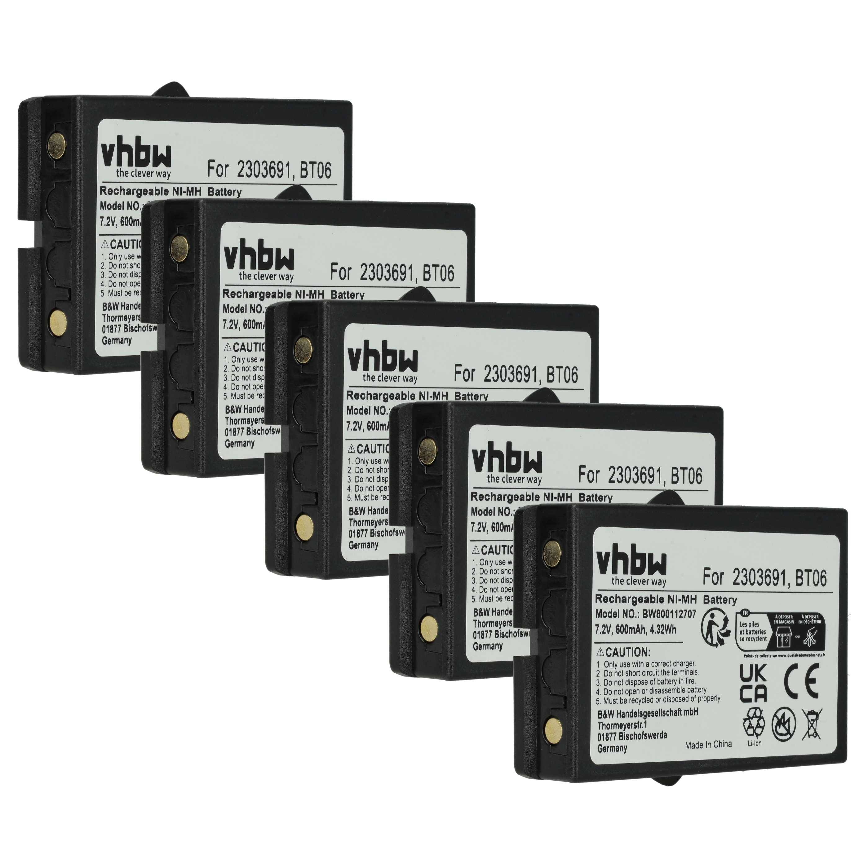 Fünf vhbw Ni-MH Akkus für 2303691, BT06, 7,2V, 500mAh, 3,6Wh, Modellnummer angegeben, vertikal ausgerichtet angezeigt.